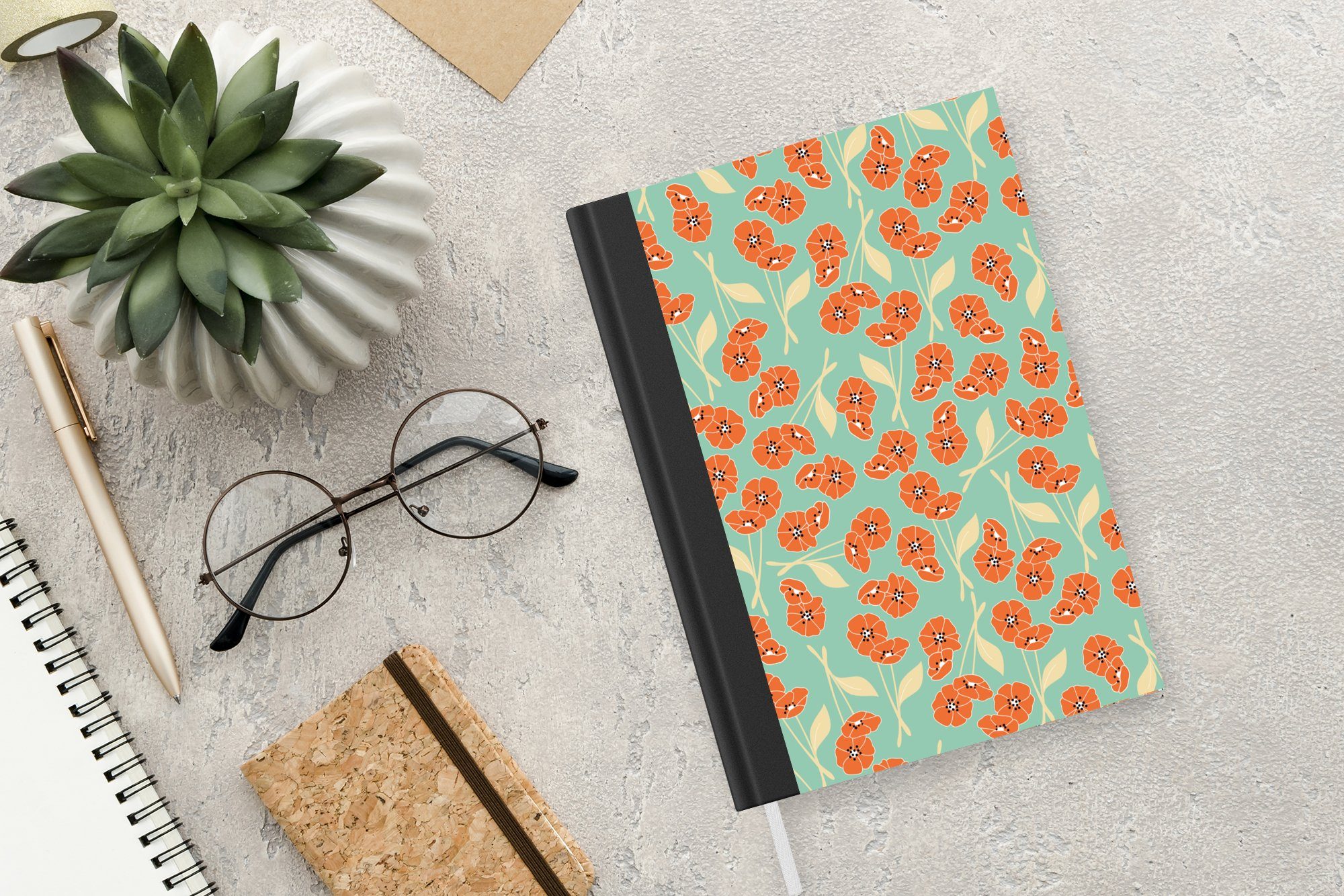 MuchoWow Notizbuch Retro - Blumen Seiten, Tagebuch, A5, - Design Orange, Journal, 98 Haushaltsbuch Notizheft, - Merkzettel