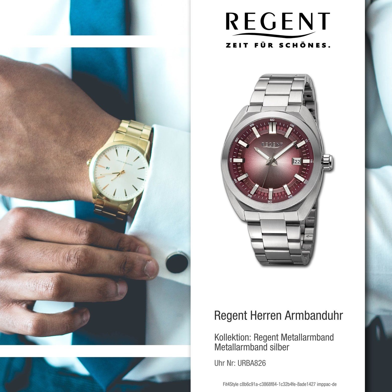 Herren Metallarmband Regent (ca. Gehäuse, Herrenuhr 41,5mm) Regent Armbanduhr Quarzuhr Analog, silber, groß rundes