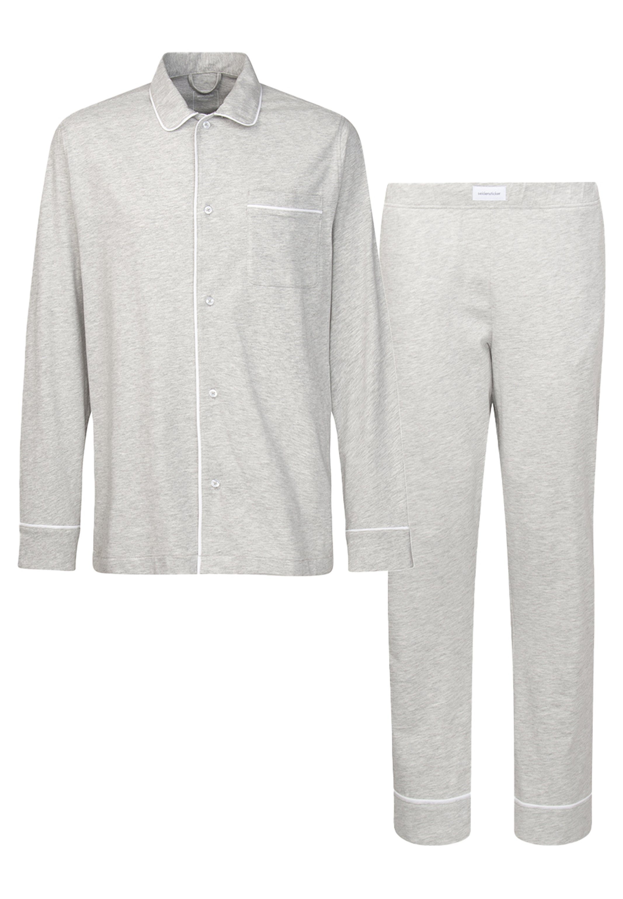 Melange - Pyjama - (Set, 2 Elegante Paspeln Jersey Silvergrey seidensticker tlg) Pyjama Baumwolle lang Classic