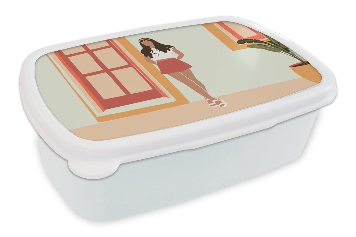 MuchoWow Lunchbox Frau - Kleidung - Sommer - Pastell, Kunststoff, (2-tlg), Brotbox für Kinder und Erwachsene, Brotdose, für Jungs und Mädchen weiß