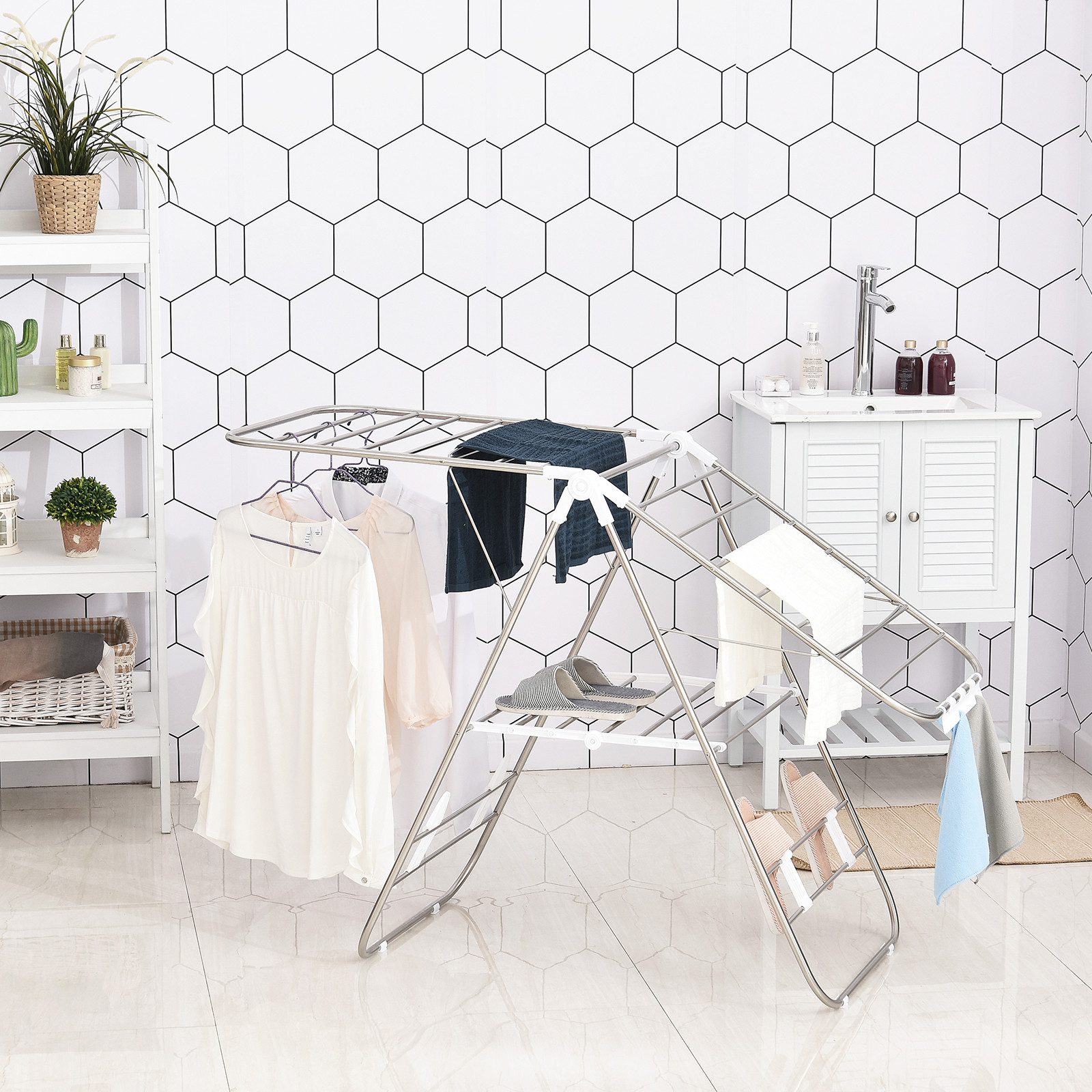 furnicato Wäscheständer 1,48 m Trockenlänge Silber+Weiß