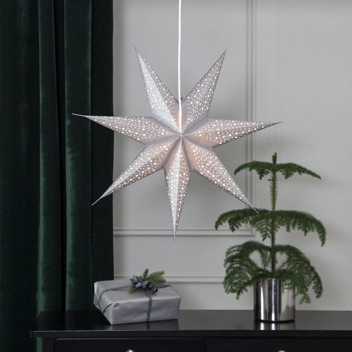 STAR TRADING Papierstern Papierstern Weihnachtsstern Leuchtstern hängend 7-zackig 60cm silber