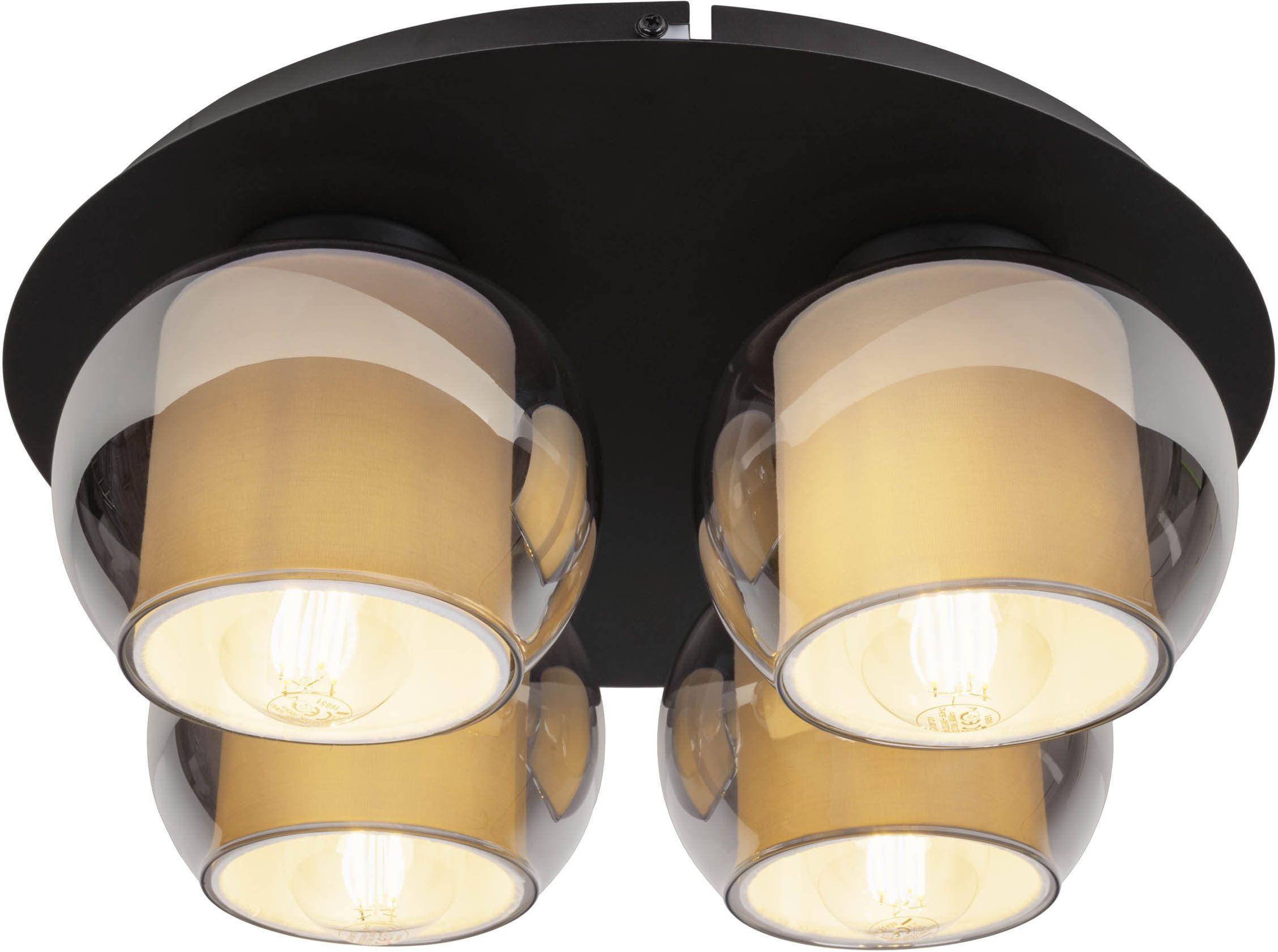 OTTO home Deckenleuchte Tanissa, ohne Leuchtmittel, rund, 4 kugelförmige Rauchglas-Schirme innen mit Stoff, 4x E27 exkl.