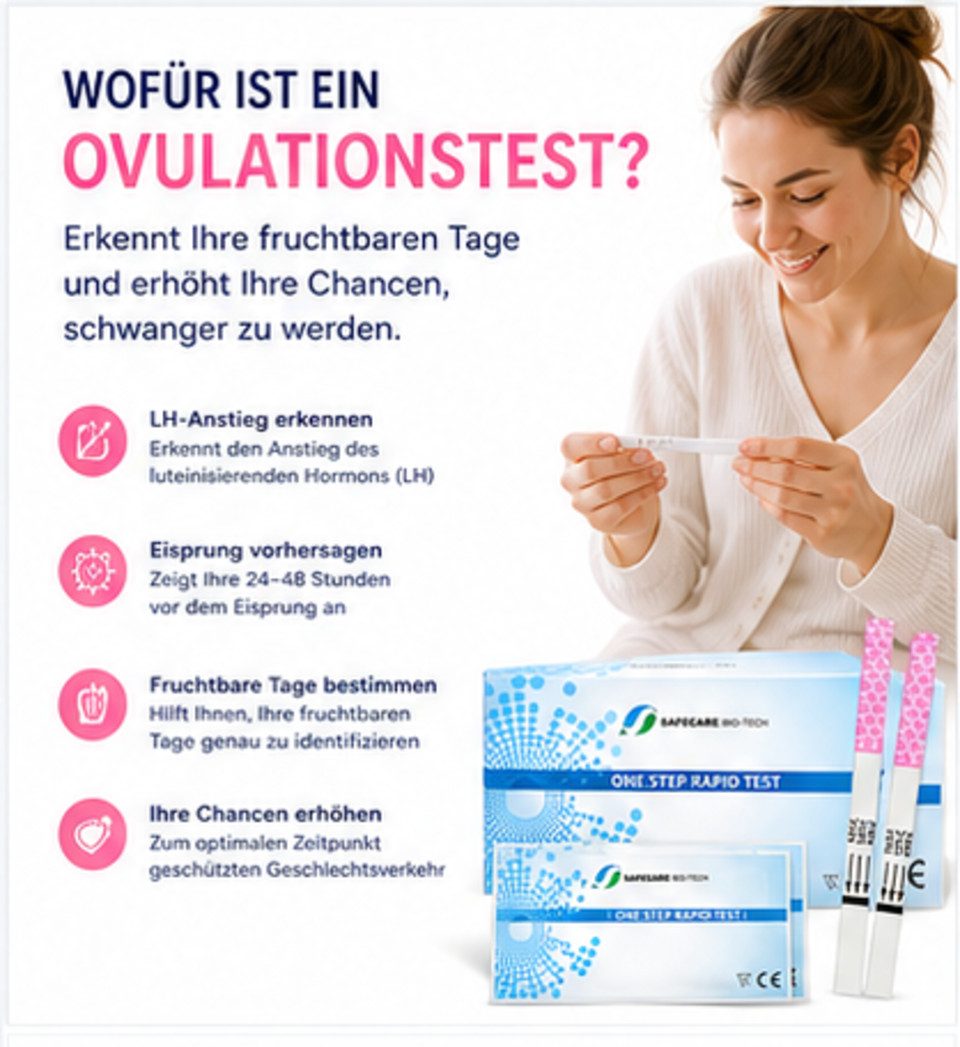 Safecare Bio-Tech Ovulationstest X 50 - Fruchtbarkeitstest Für Frauen, 25mlu/ml, Streifen, 50-tlg., 50 Stück, Hohe Genauigkeit bei richtiger Anwendung.