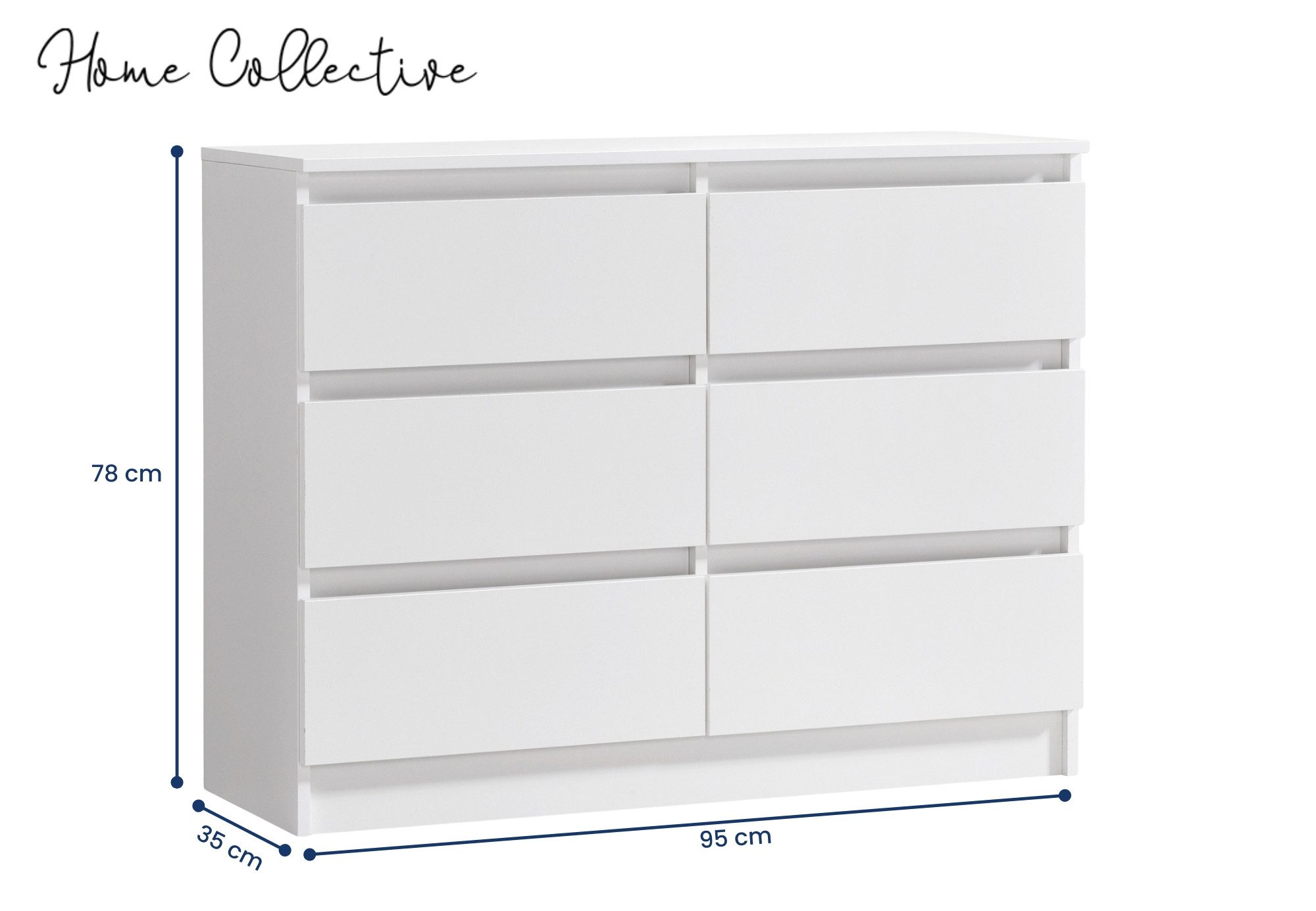Home Collective Kommode mit 6 Schubladen 95, 120, 140 cm breit Holz Schrank (Highboard Anrichte Schlafzimmer Wohnzimmer Flur Büro Organizer), Kommode 95 cm breit Kommode Sideboard, Weiß