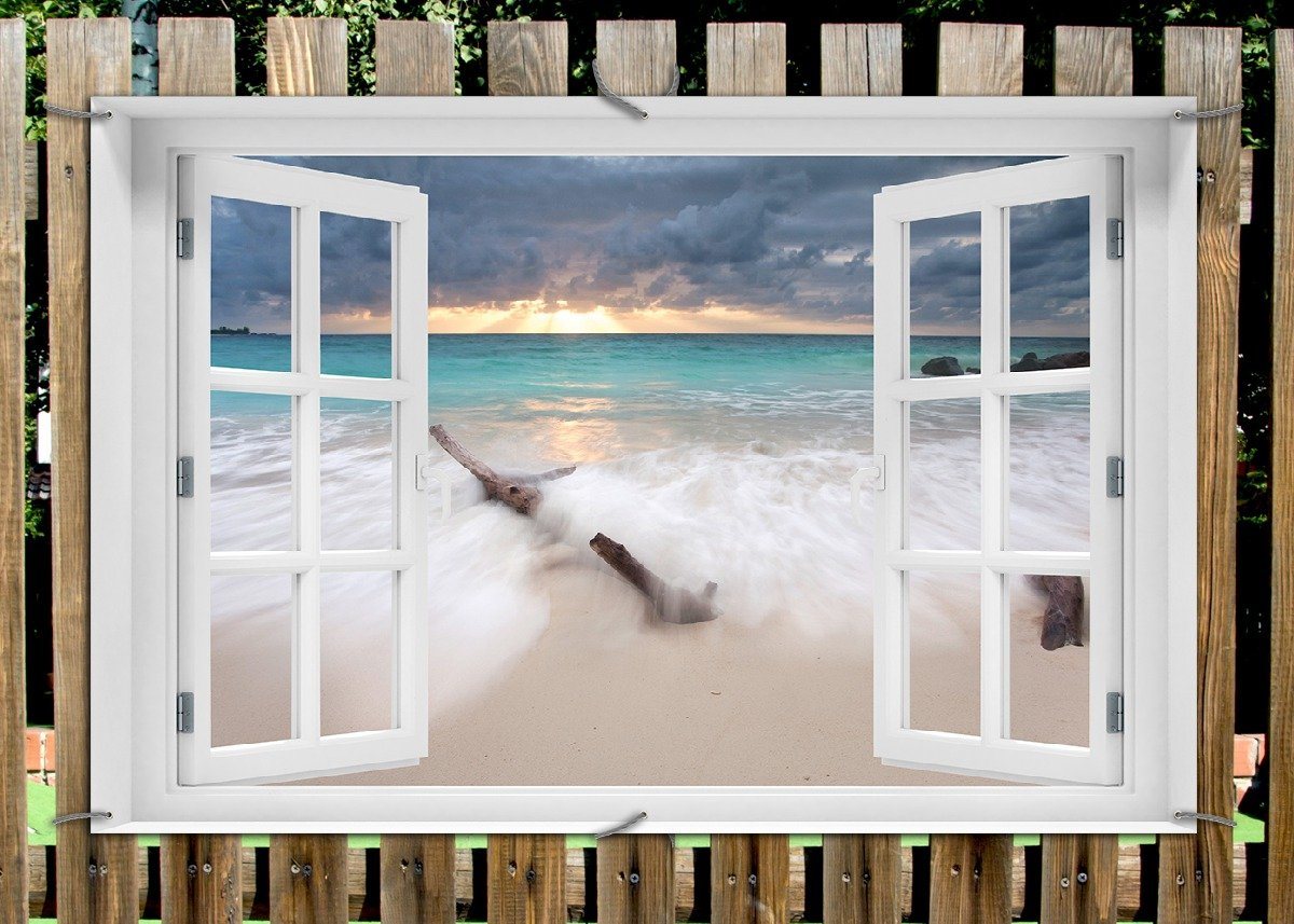 Thumbnail - Wallario Sichtschutzzaunmatten Wellen am Strand bei Sonnenuntergang, mit Fenster-Illusion