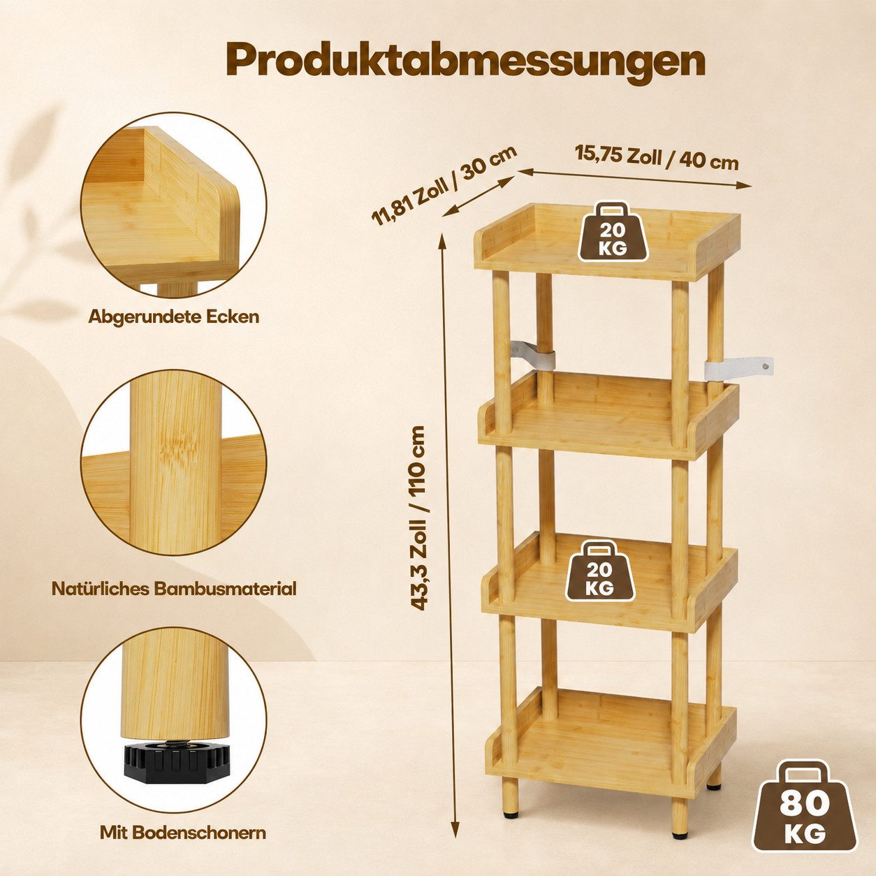 Yorbay Ablageregal Bambusregal 4 Ebenen Werkzeuglose Montage Stabil 80 kg Belastbar, Set, 40x30x110cm Natürliches Design für Wohnzimmer Küchen und Badezimmer