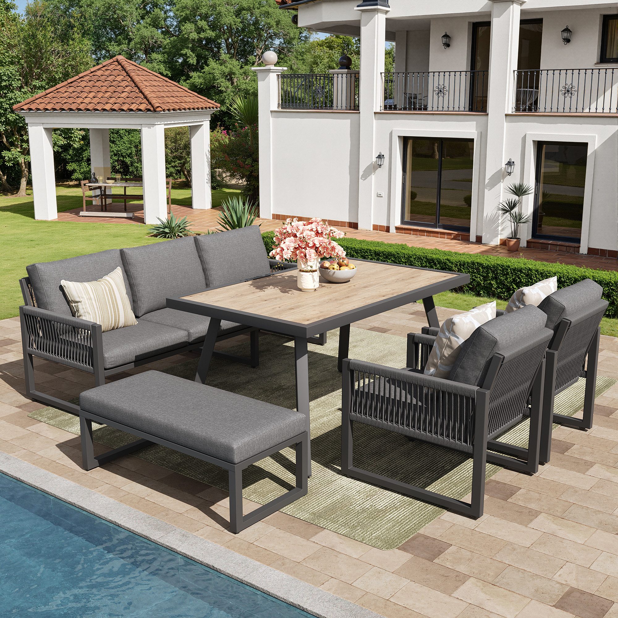Merax Gartenlounge-Set wetterfestes Outdoor Sofa Set mit geflochtenen Armlehnen & Glasplatte, (für Terrasse, Balkon & Garten, 5-tlg), 7-Sitzer Sitzgruppe Gartenmöbel Set mit Esstisch, Sofa, Sesseln & Bank