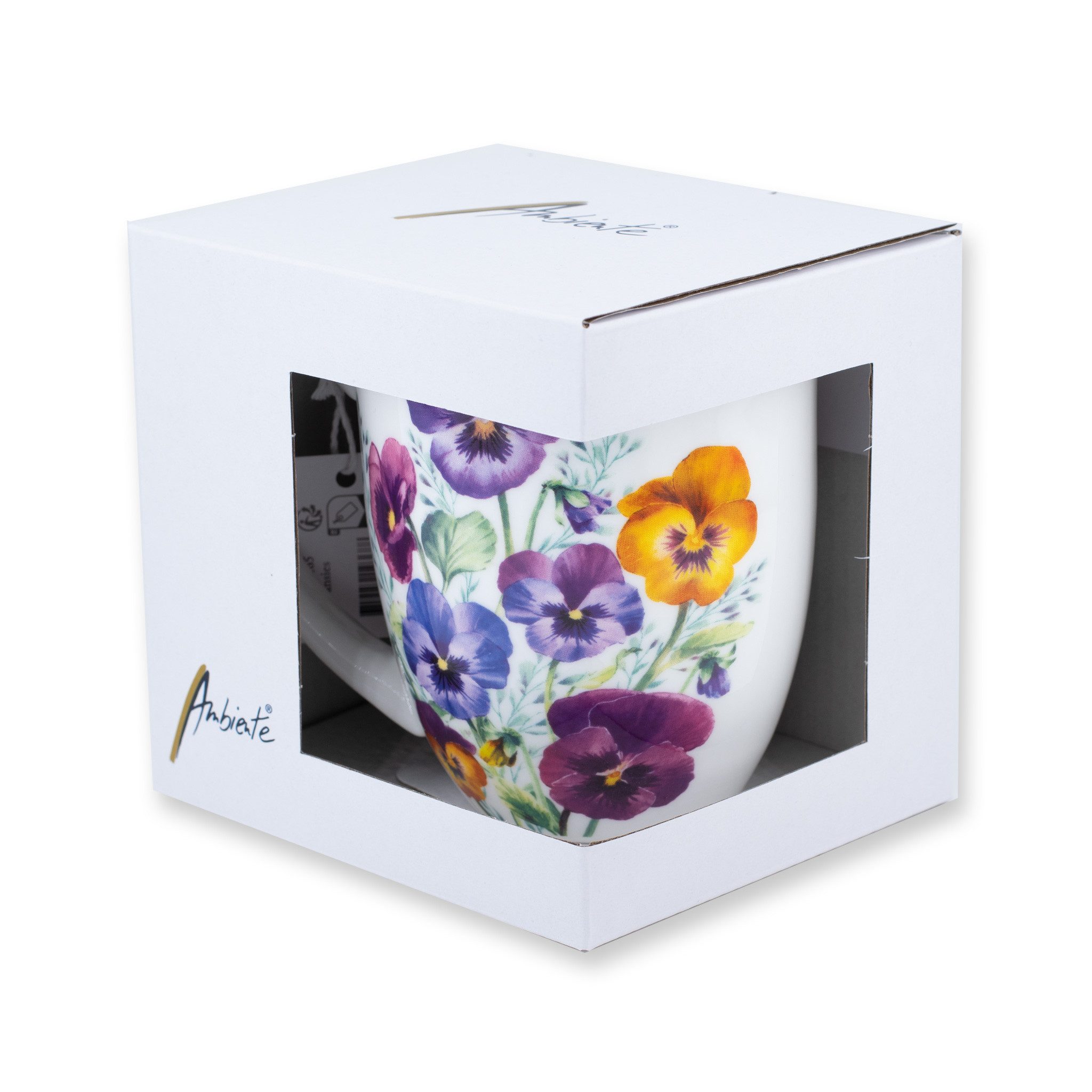 Ambiente Luxury Paper Products Tasse, Keramik, Tasse 10cm Porzellan mit Stiefmütterchen Motiv Violett / Weiß