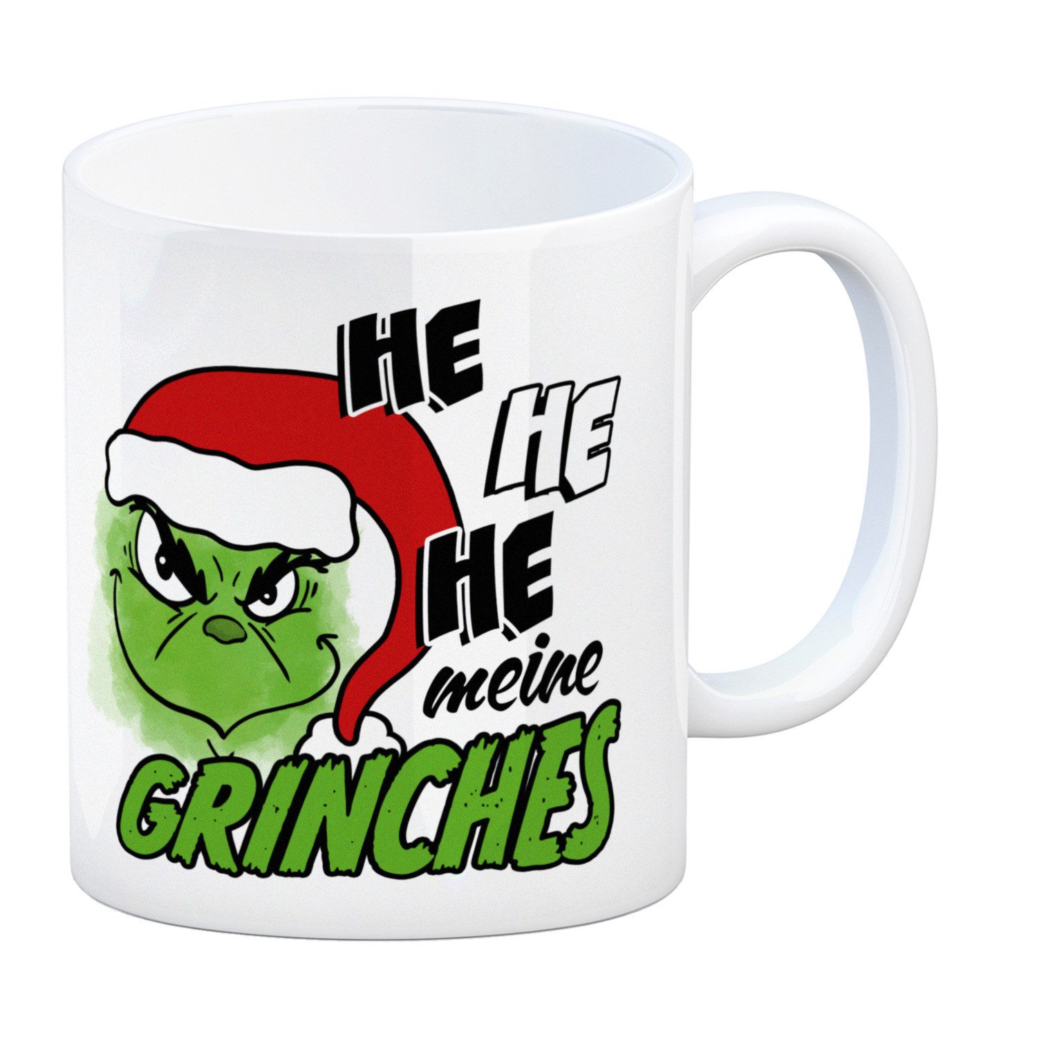 Tasse Weihnachtsmuffel Kaffeebecher mit Spruch He he he meine Grinches