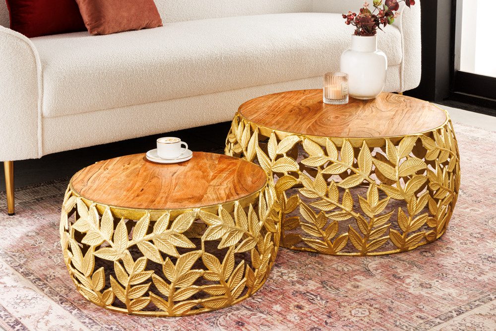 riess-ambiente Couchtisch ABSTRACT LEAF Ø70cm natur/gold - Akazien-Massivholz, Metall, handmade (Set, 2-St), 2er Set Beistelltische mit Blatt-Design - ideal für Wohn- & Esszimmer