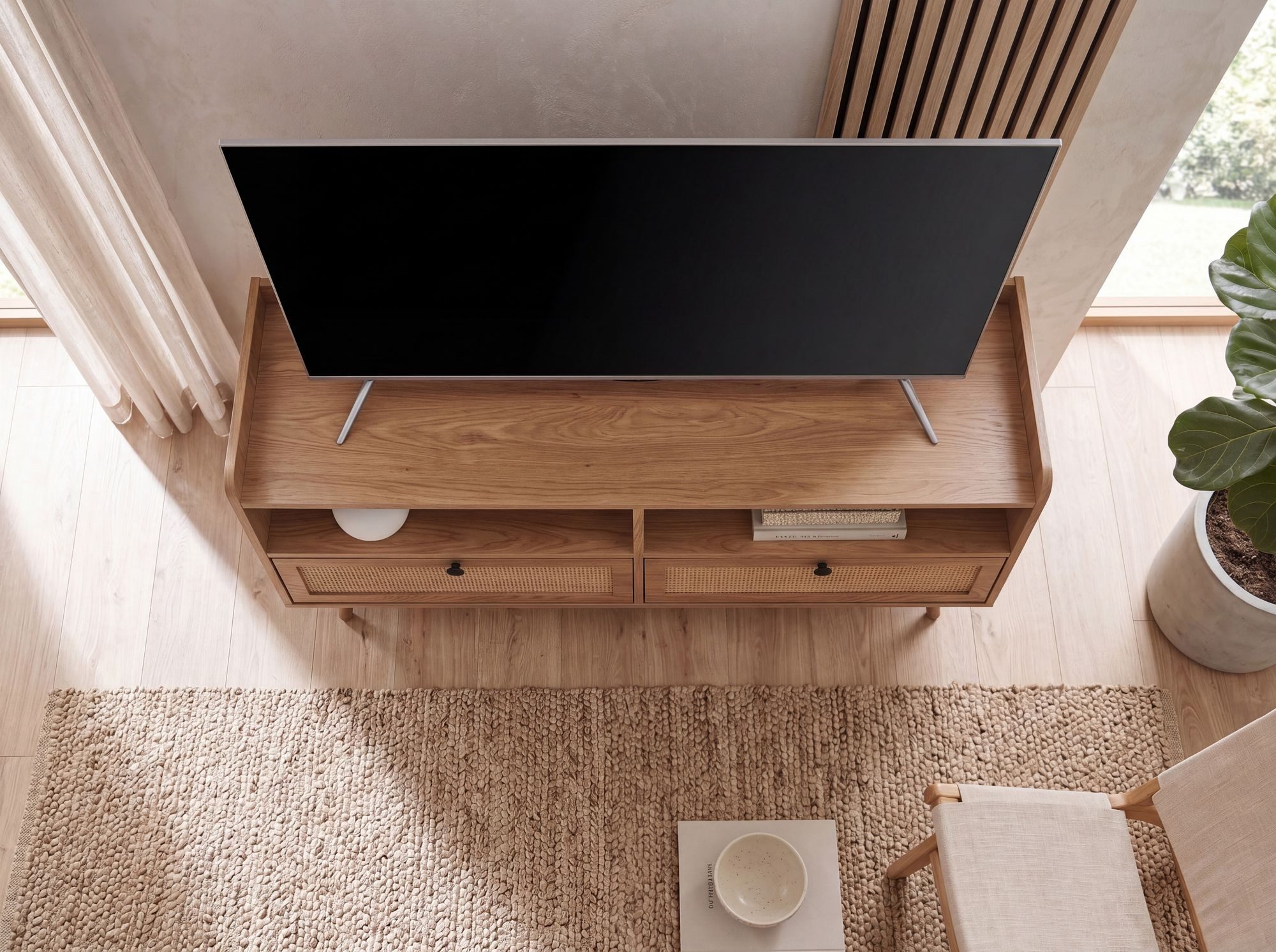 FineBuy Lowboard 120x56x39 cm TV-Kommode mit Eiche-Dekor & Rattan, Design TV-Schrank Hoch mit Schubladen, Fernsehtisch Fernsehschrank Stauraum, Fernsehkommode W – Bild 5 von 5