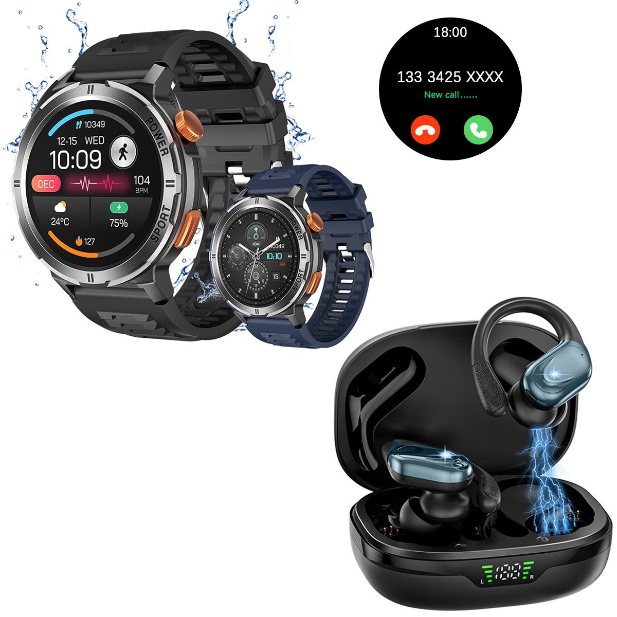 HYIEAR Smartwatch Damen Herren, IP68 wasserdicht, Kabelloses Bluetooth 5.3 Smartwatch, mit austauschbaren Armbändern, Ladekabeln Drei Paar Ohrstöpse, Fitnessuhr