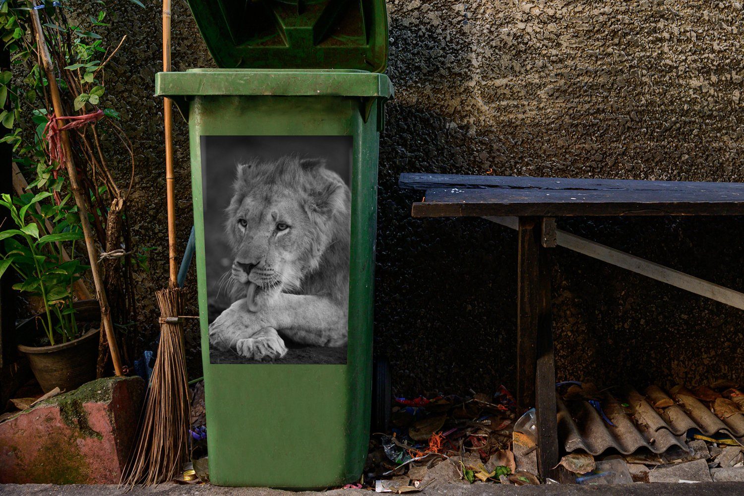 - Abfalbehälter MuchoWow - Wandsticker Container, Mülltonne, Sticker, Wild Mülleimer-aufkleber, St), Schwarz (1 Löwe