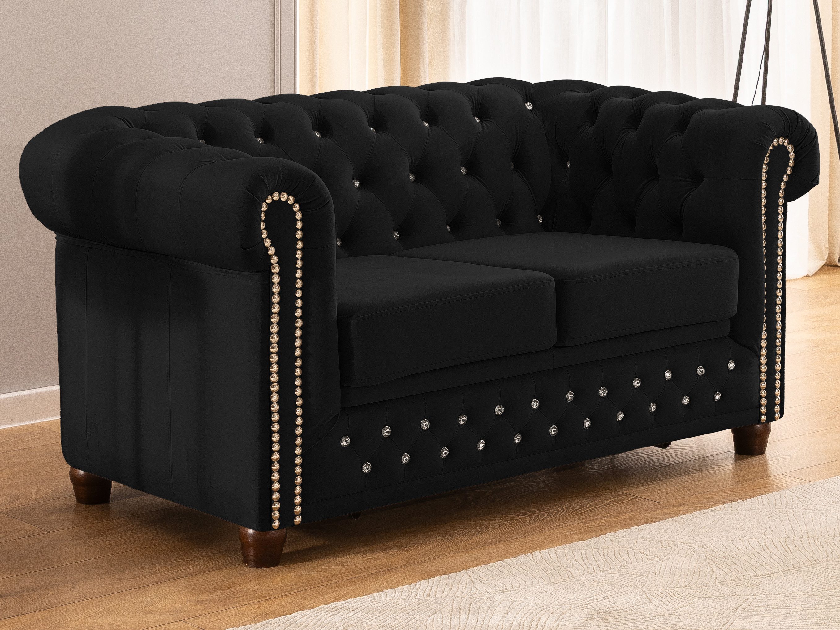 S-Style Möbel Chesterfield-Sofa 2-Sitzer mit Schlaffunktion Cleo Blink aus Samt mit Kristallsteppung, mit Wellenfederung