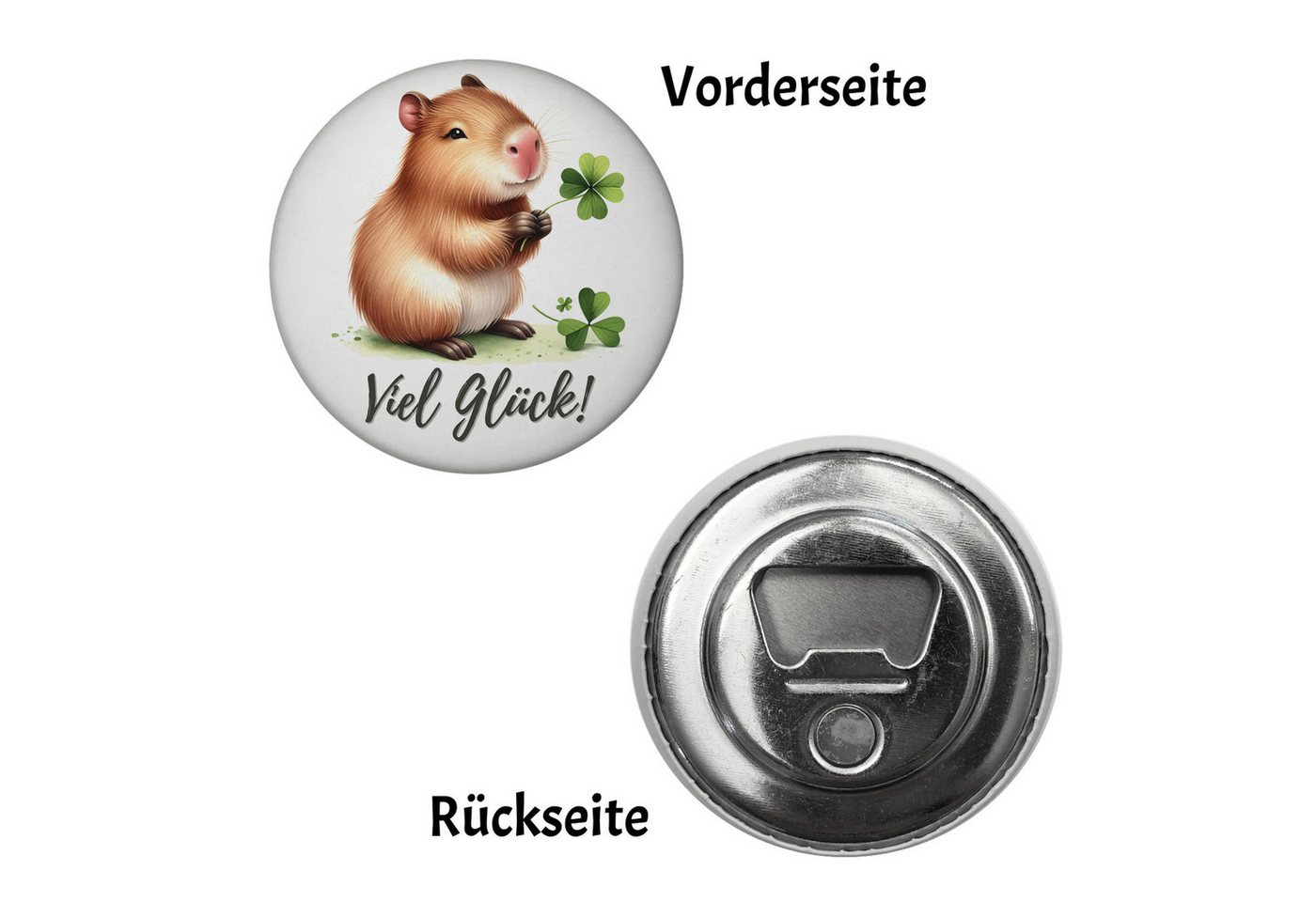 Thumbnail - speecheese Magnet Capybara mit Kleeblatt Magnet Flaschenöffner rund Spruch Viel Glück