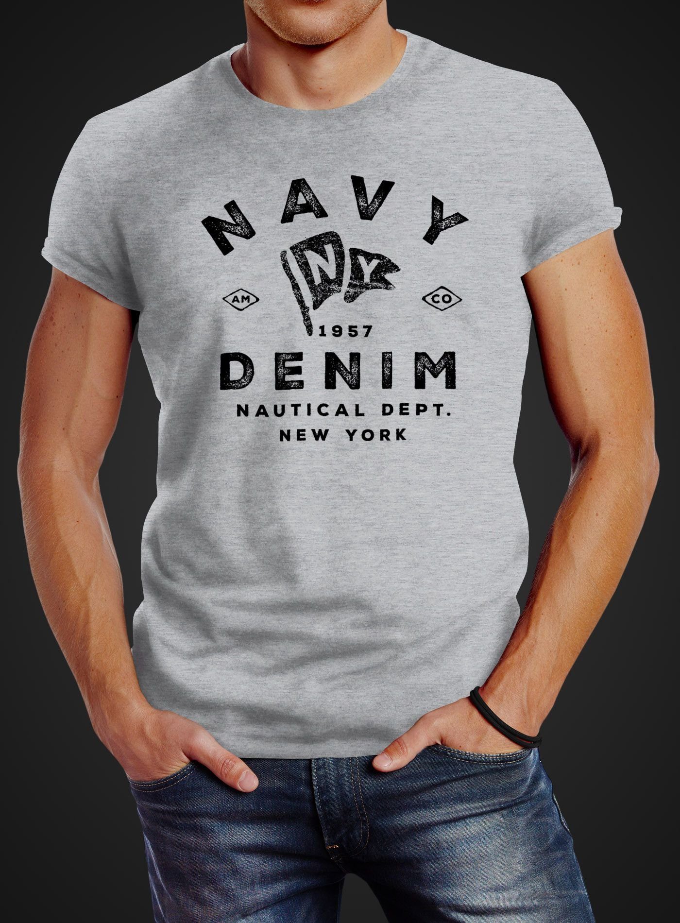 Neverless Print-Shirt Herren T-Shirt Vintage Motiv Denim York New Nautical Schriftzug Neverless® grau Navy Print mit