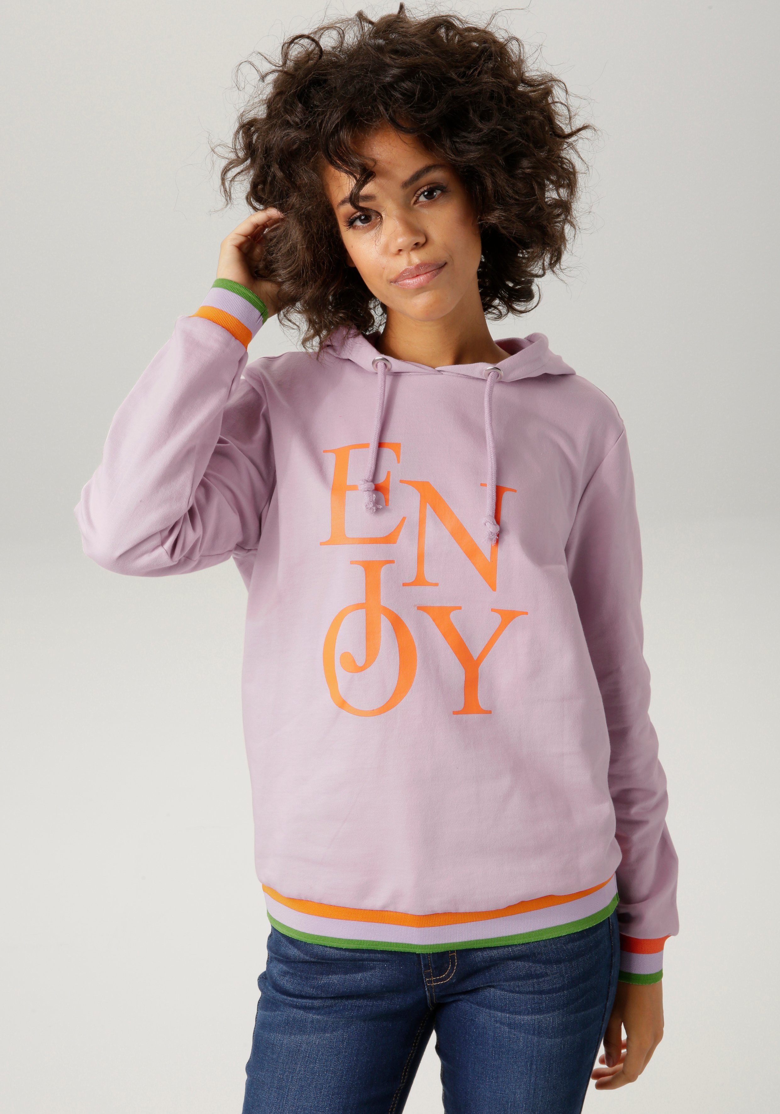 Aniston CASUAL Sweatshirt mit "ENJOY"-Schriftzug flieder-orange-moosgrün