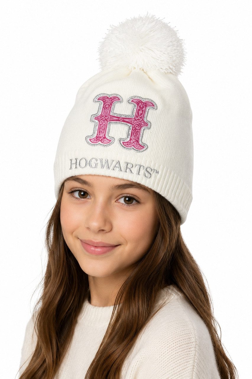 Harry Potter Strickmütze Harry Potter Hogwarts Pudelmütze Kinder Schwarz Weiß Gr. 54–56 Pudelmütze mit Bommel Harry Potter Jungen + Mädchen Wintermütze