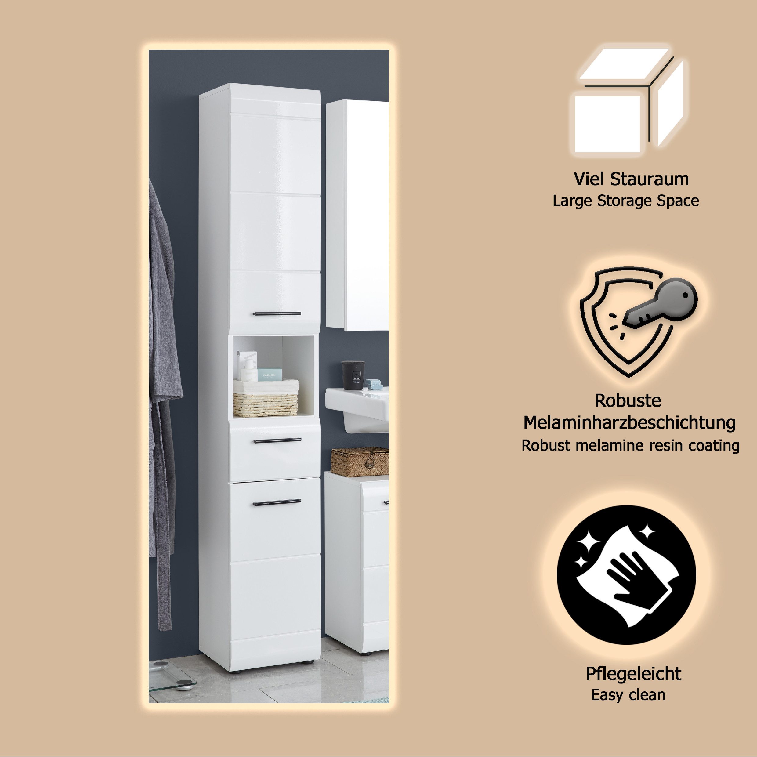 welltime Hochschrank Sovana Badschrank mit einer Schublade und 5 Fächern - (B/T/H) 30/31/182 cm – Bild 4 von 5