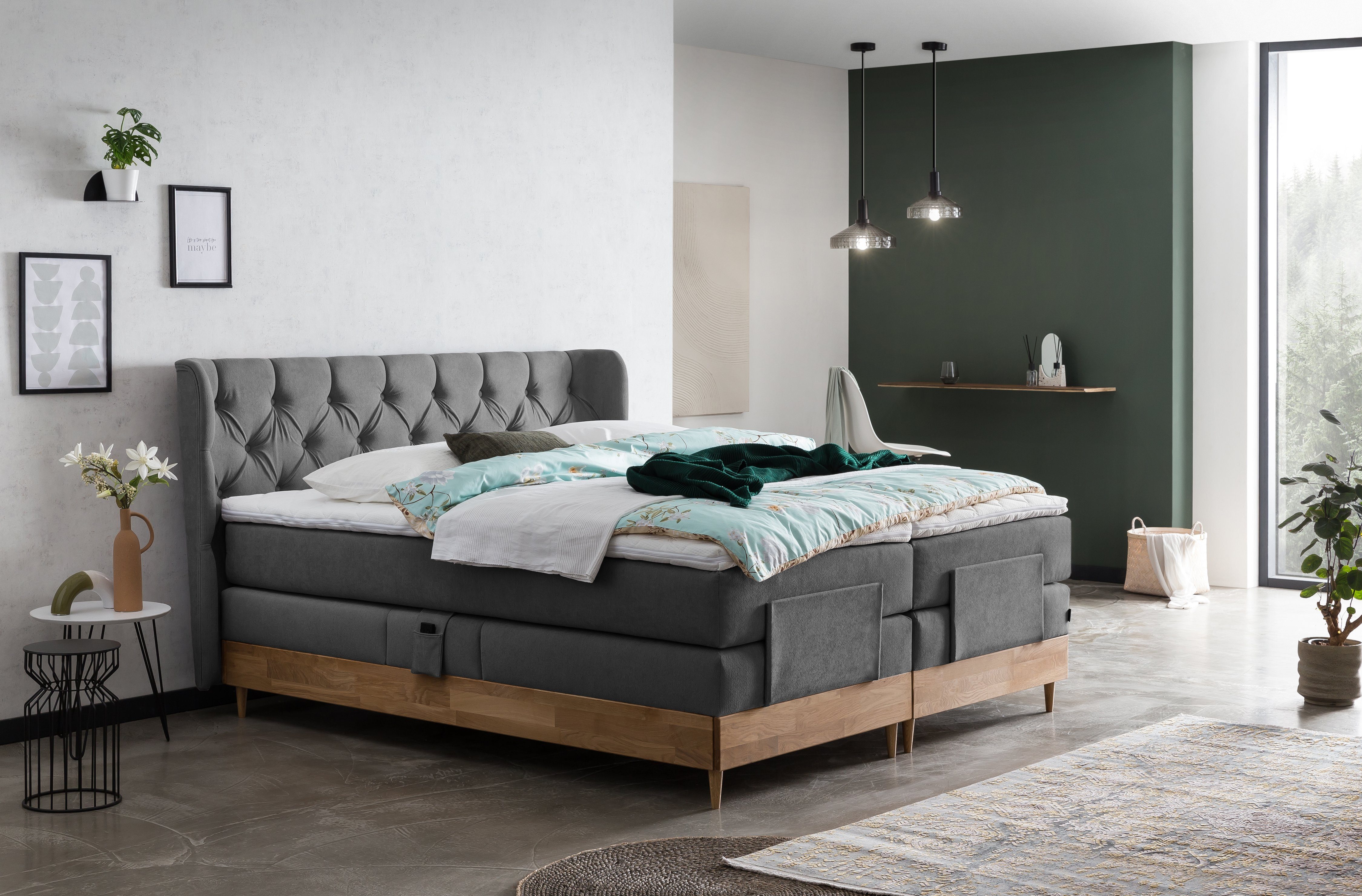 Belanoti Boxspringbett EON (Boxspringbett 160x200 elektrisch verstellbar Bett 160x200 mit Motor, 7-Zonen Taschenfederkern Matratze inklusive Visco Topper), in der Farbe Anthrazit H2/H3 Polsterbett Motorbett mit Eiche