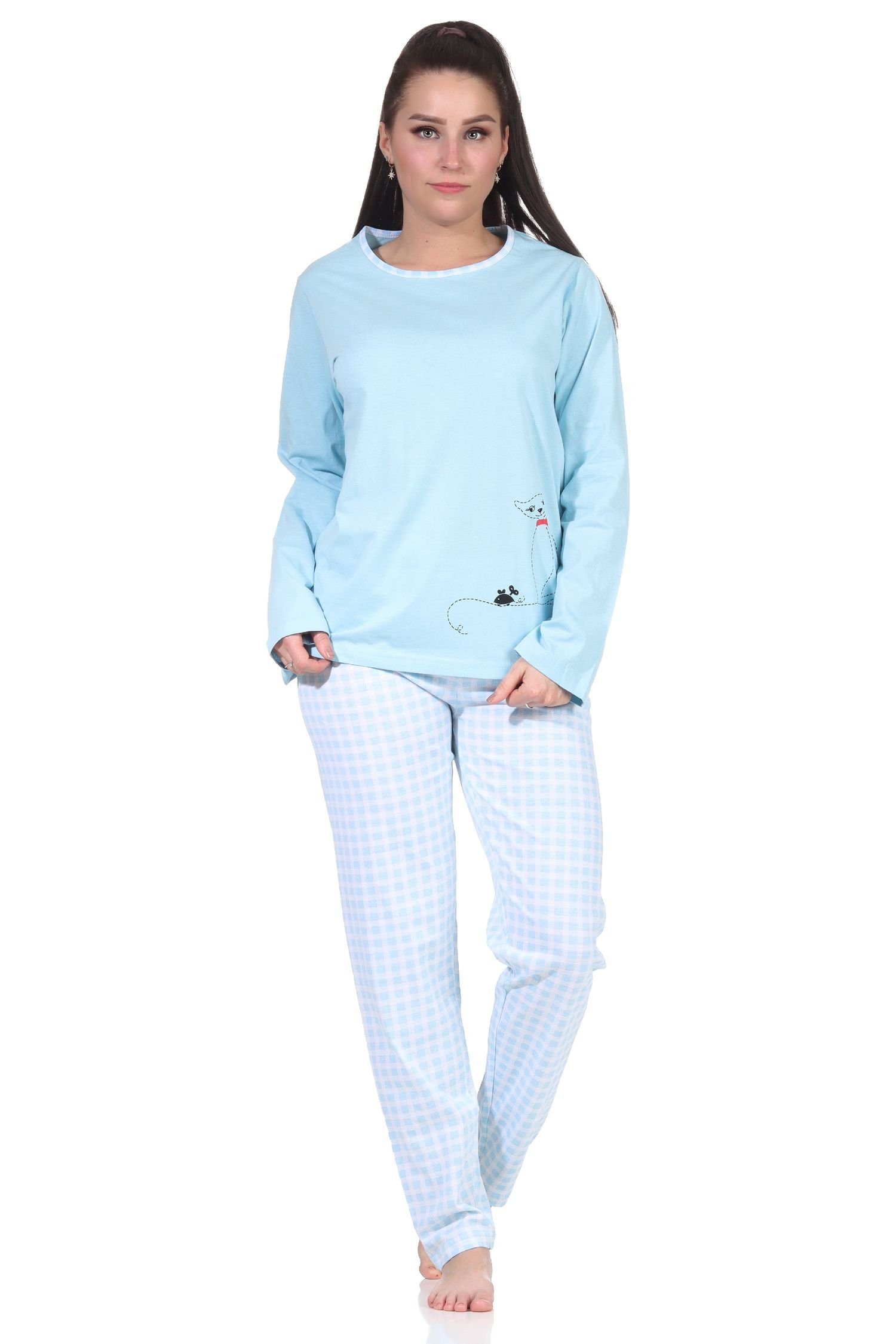 RELAX by Normann Pyjama Damen langarm Schlafanzug süsses Katzen Motiv, Karo Jersey Hose