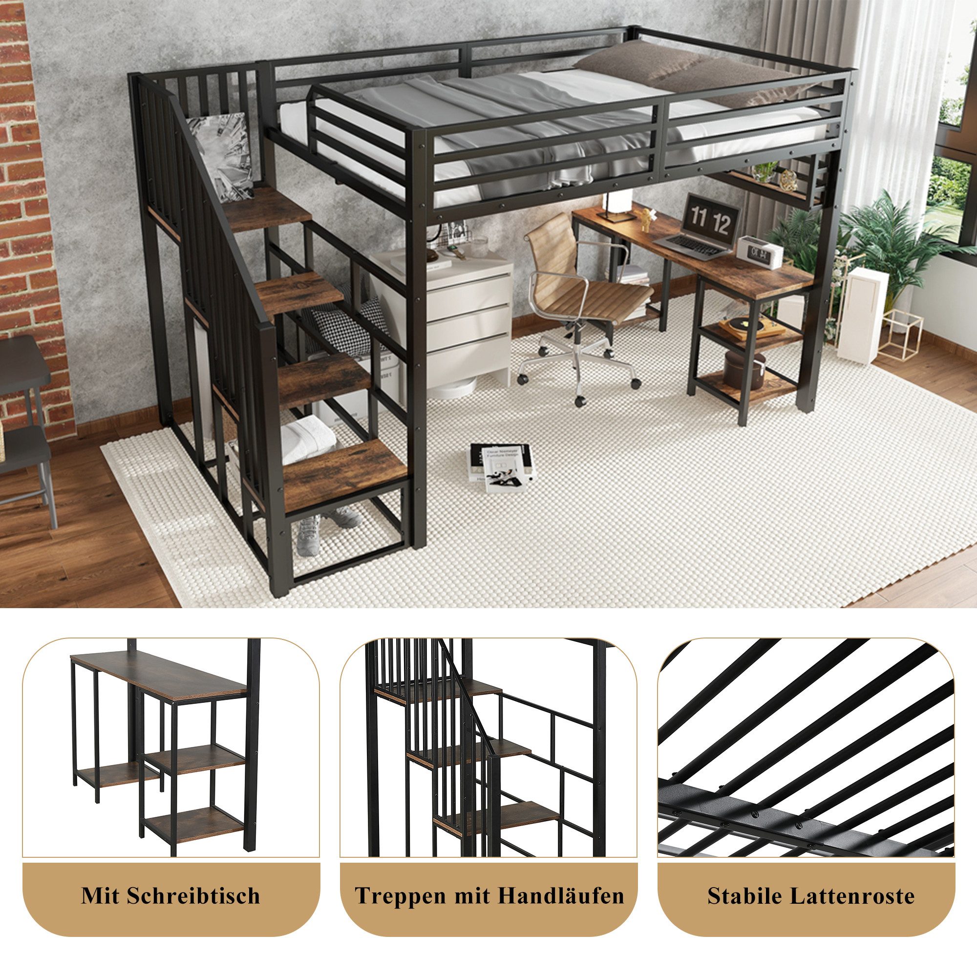 Odikalo Hochbett Metallbett 120x200 mit Schreibtisch und Stauraum (Eisenbett, Hochbett, Treppen mit Handläufen, Mit Schreibtisch und Aufbewahrungsregal, Stabile Lattenroste, Eisen + Spanplatte, Schwarz+dunkl, 120x200cm)