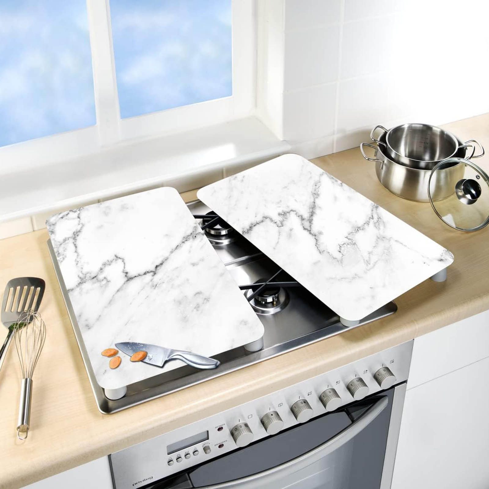 WENKO Schneide- und Abdeckplatte 2x XL Universal Herdabdeckplatte Herdplatte Schneidebrett, Glas, (2 tlg), Marmor Optik je 40 cm x 52 cm für alle Herdarten