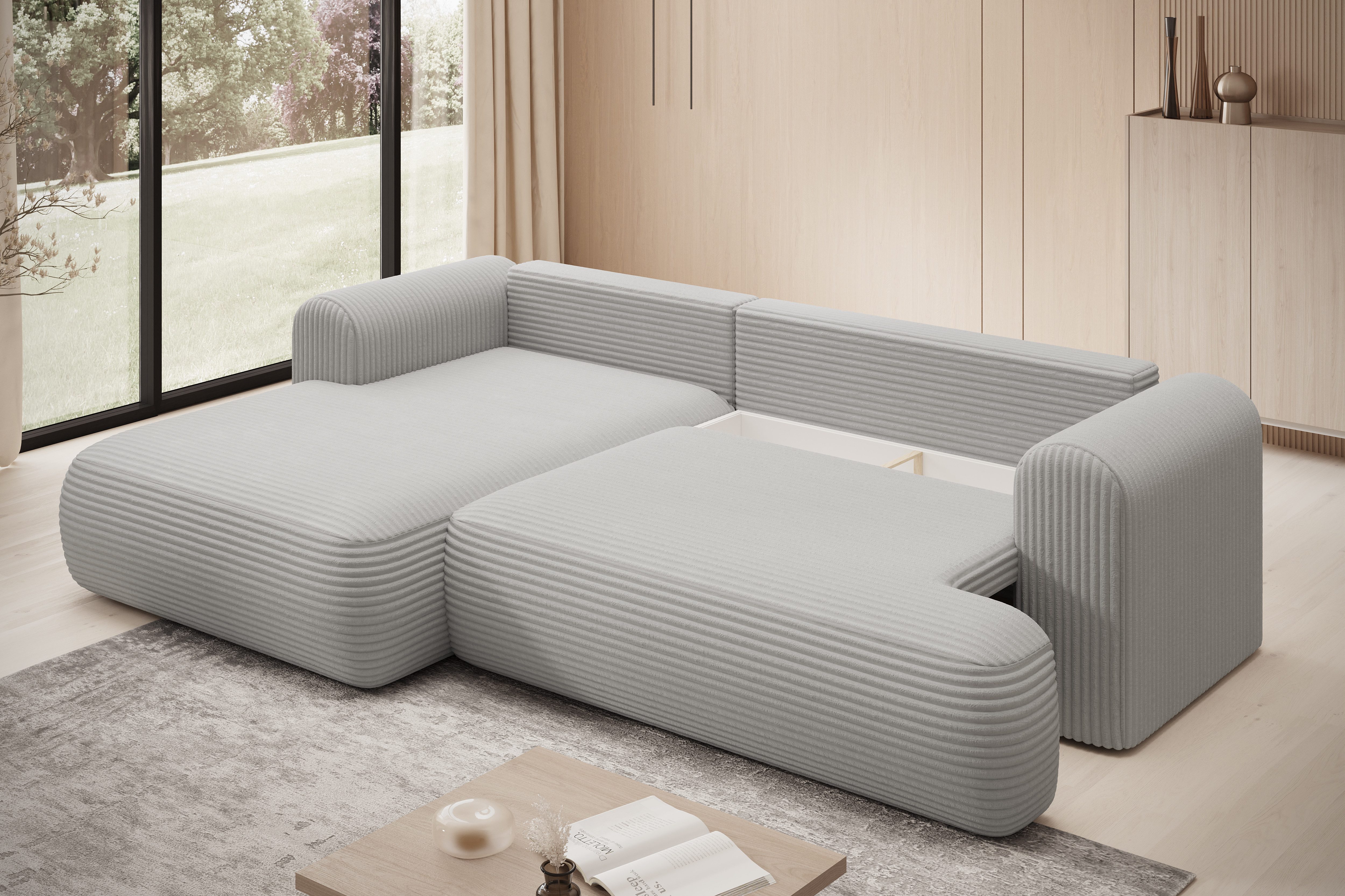 thematys Ecksofa TREVIO mit Schlaffunktion und Bettkasten, L-Form, Cord und Bouclé, 260 x 165cm - Luxus Couch mit Bettfunktion mit Bonnellfedern + 2 Kissen – Bild 4 von 5