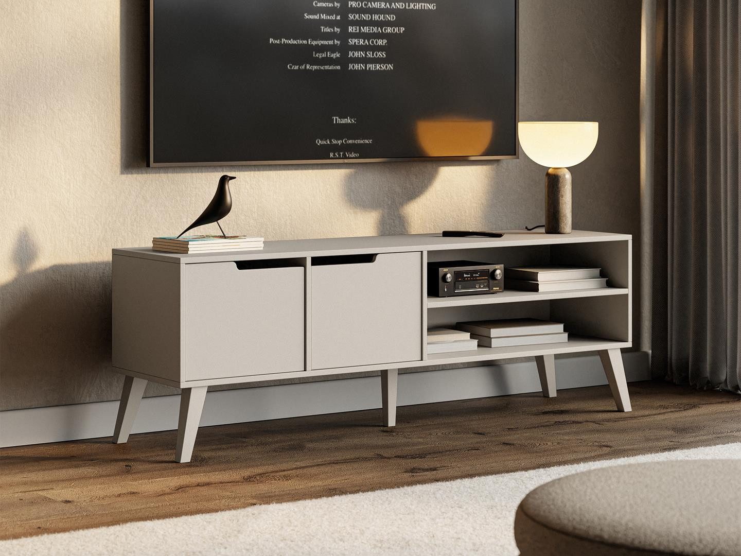 Beautysofa TV-Schrank NOREL kompaktes Design mit zwei Schränken und offenen Seitenfächern (erhältlich in Braun Walnuss & Cashmere) Breite: 160 cm