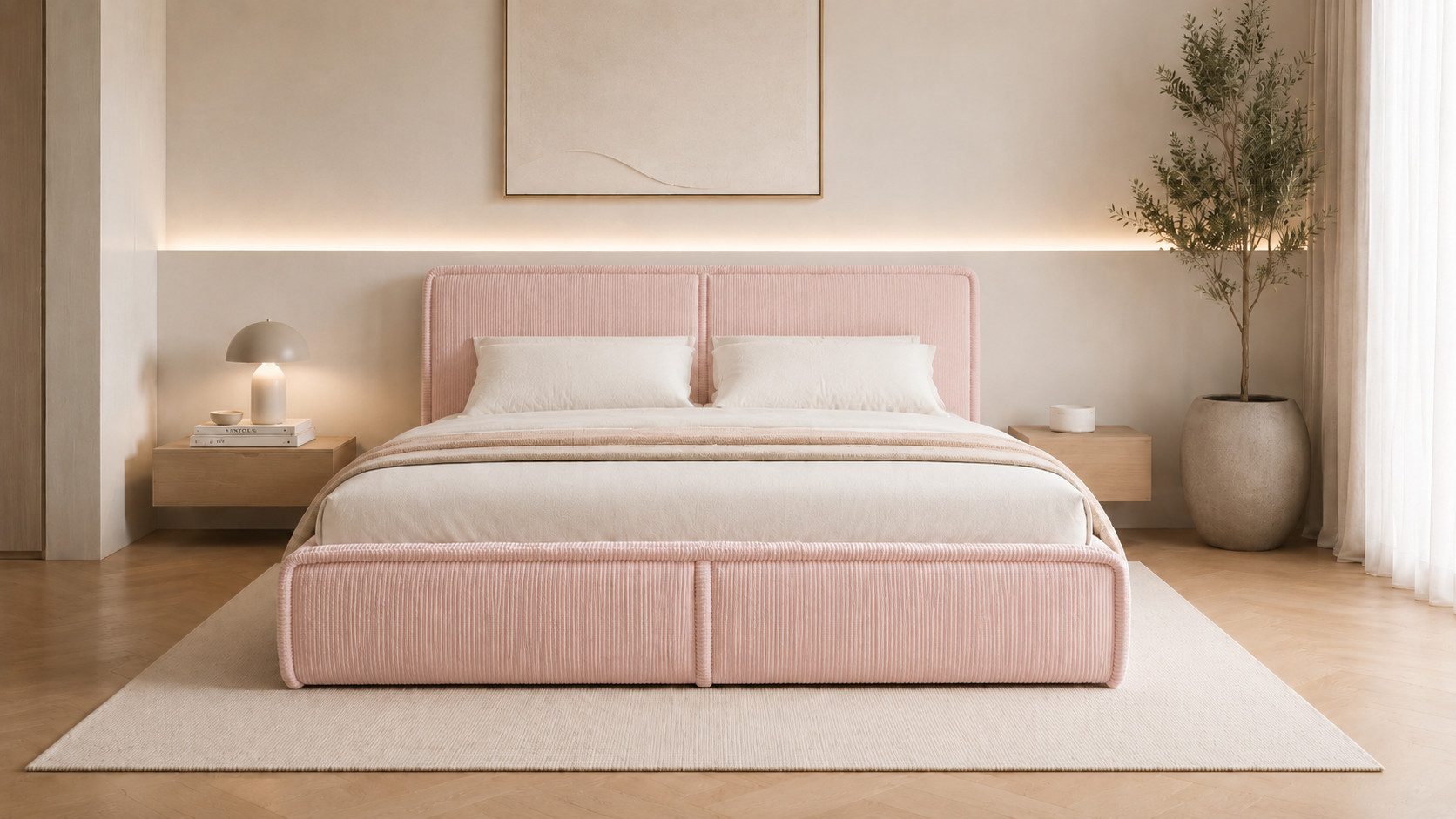 MOEBLO Polsterbett BETT 04 (Bezug: aus Cord, Doppelbett mit Kopfstütze, Rahmenbettgestell 140x200, mit Bettkasten und Lattenrost), mit Bettkasten