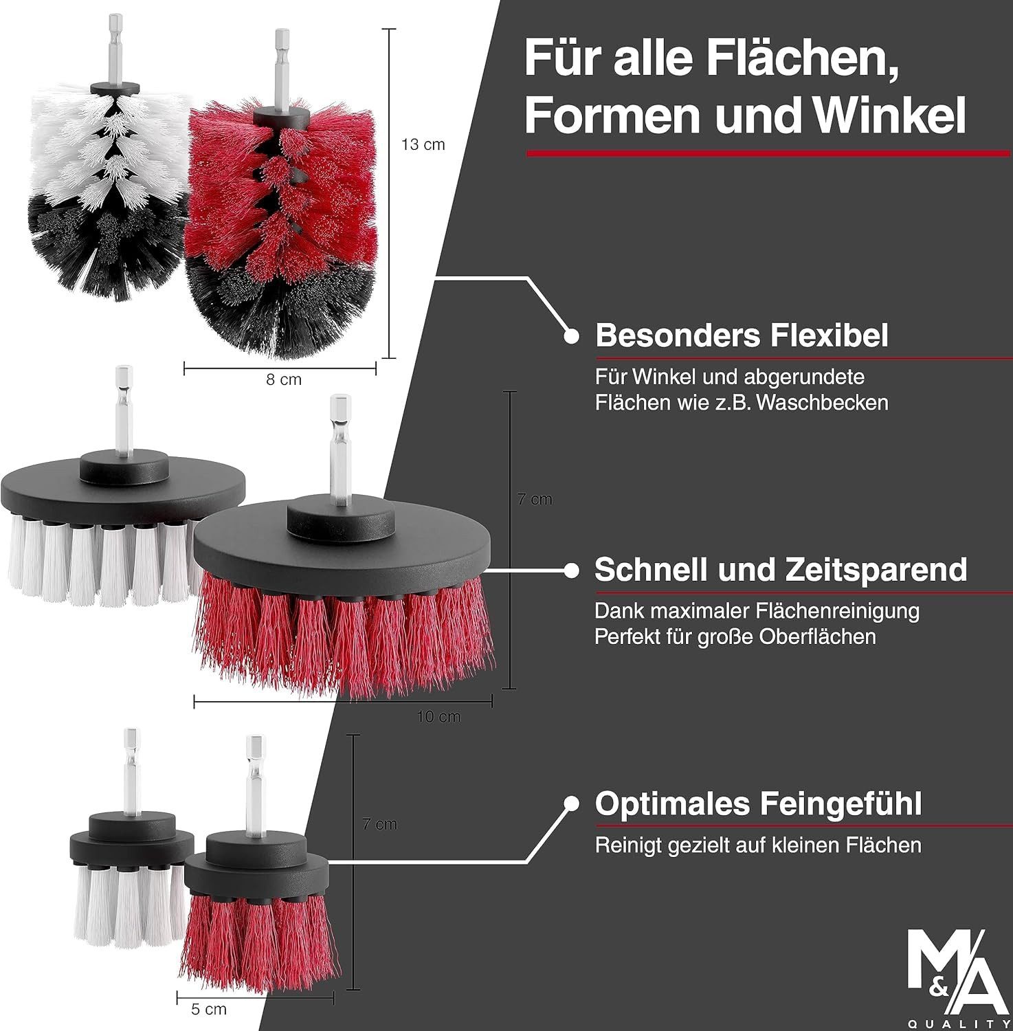 M&A QUALITY Reinigungsbürste Bürstenaufsatz Akkuschrauber [6er Set] Reinigt universell, Auto, Felgen, Polster, Fliesen & mehr, (Reinigungsbürste Akkuschrauber I – Bild 5 von 5