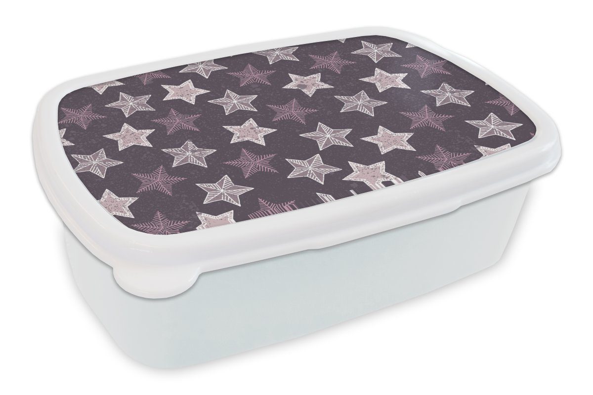 MuchoWow Lunchbox Muster - Weihnachten - Sterne, Kunststoff, (2-tlg), Brotbox für Kinder und Erwachsene, Brotdose, für Jungs und Mädchen weiß
