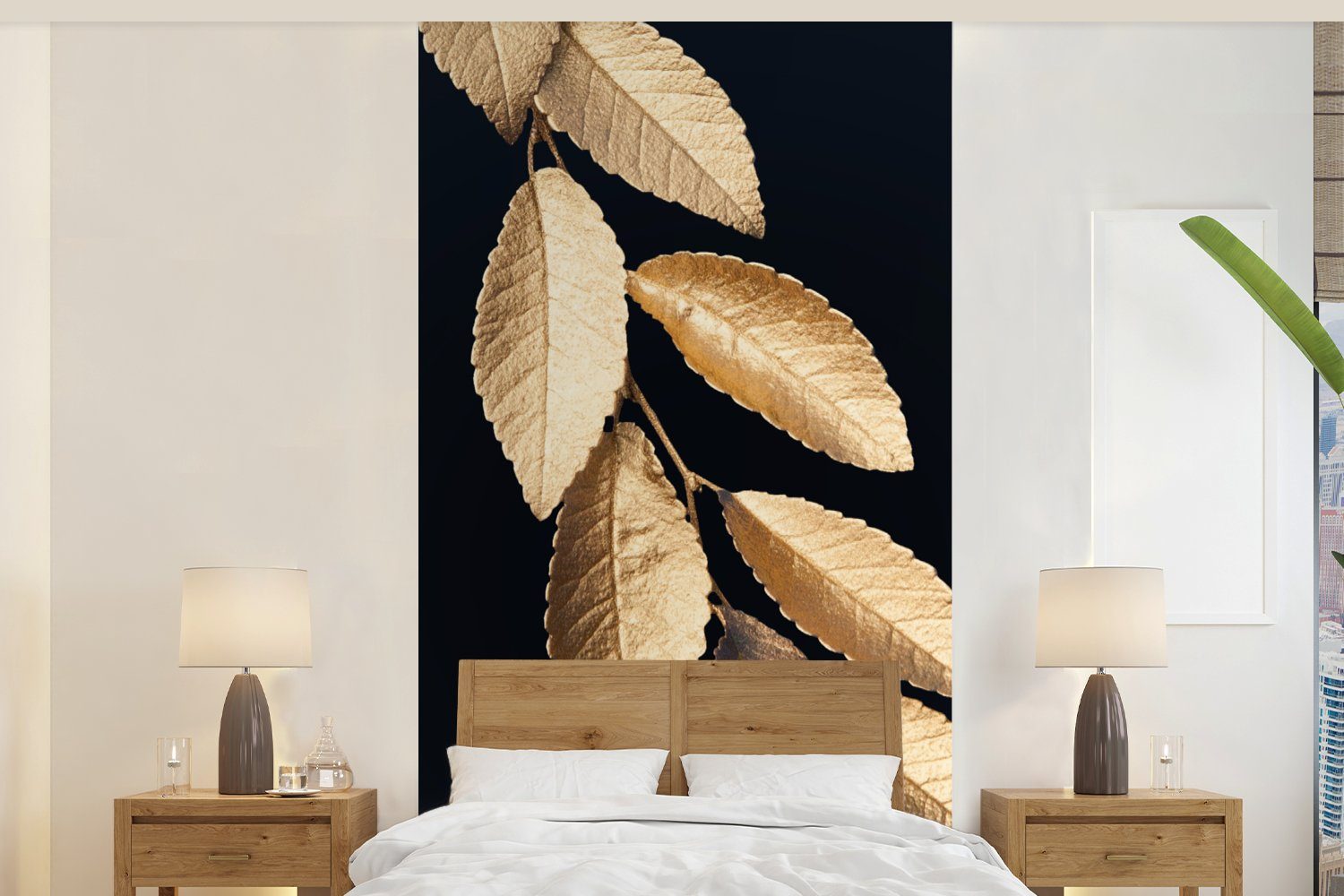 MuchoWow Fototapete Blätter - Schwarz - Gold - Luxus - Pflanzen, Matt, bedruckt, (2 St), Vliestapete für Wohnzimmer Schlafzimmer Küche, Fototapete