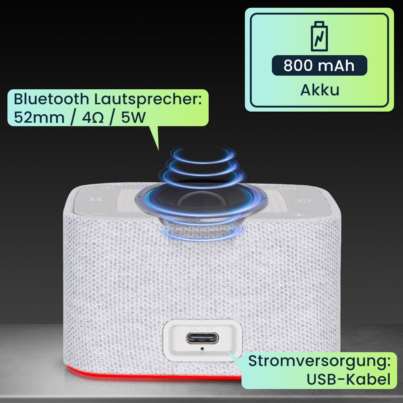 shop'n smile ideoon Wecker 2W White-Noise Wecker Bluetooth-Lautsprecher & RGB Nachtlicht USB 800mAh-Akku Auto-Off-Timer & Snooze Funktion dimmbares Display – Bild 5 von 5