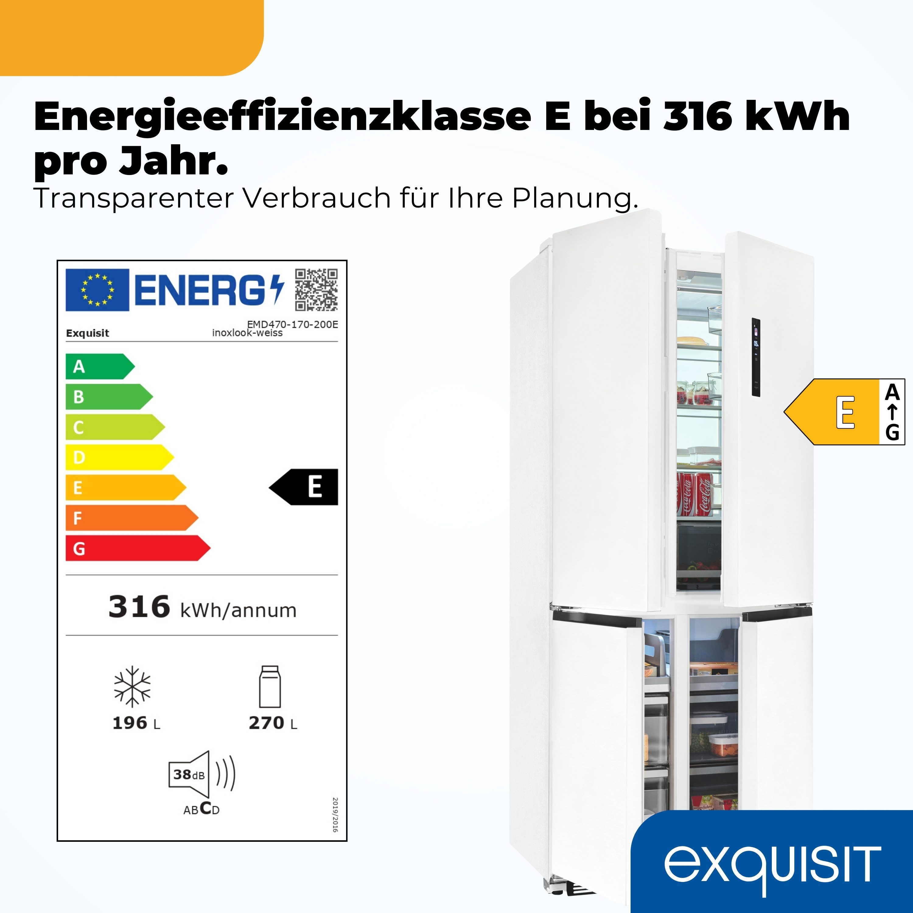 exquisit Multi Door EMD470-170-200E inoxlook-weiss, 193 cm hoch, 84 cm breit, Nie mehr abtauen – No-Frost & Umluft für perfekte Kühlung