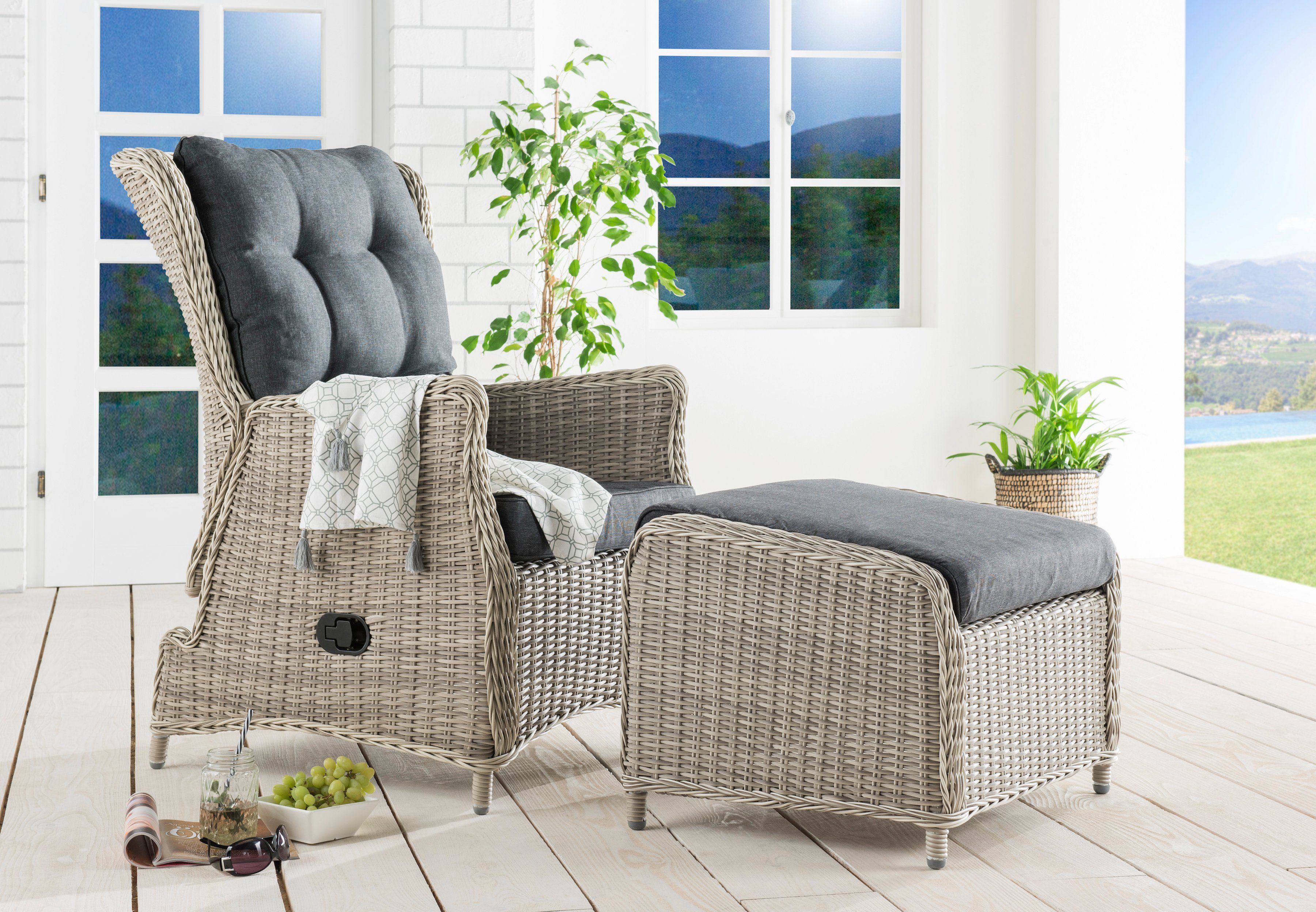 Destiny Balkonset CASA RELAX CASA Sessel mit Fußhocker, vintage grau, (4-tlg., 1 Sessel stufenlos verstellbar und 1 Fußhocker, inkl. Polster), Aluminium, Polyrattan