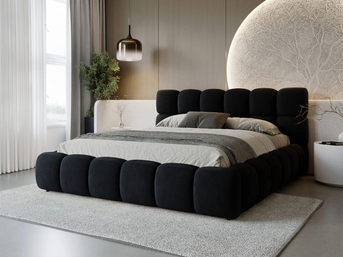 GrainGold Polsterbett mit Bettkästen MODO, Modern Bett mit Kopfteil - 140x200 cm, Schwarz (1x Bett)