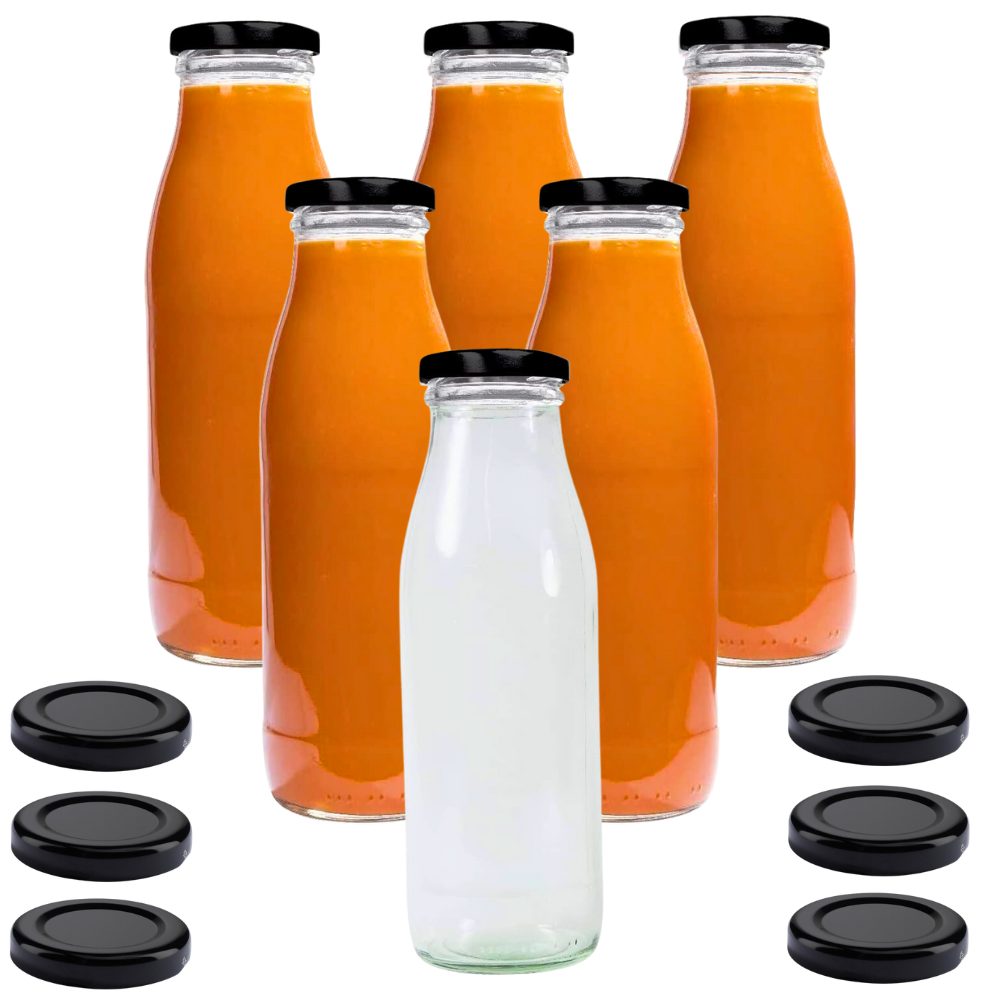 mikken Trinkflasche 6er Set Milchflaschen 500 ml mit Schraubdeckel plus 6 Erssatzdeckel, Fassungsvermögen: 0,5 Liter schwarz