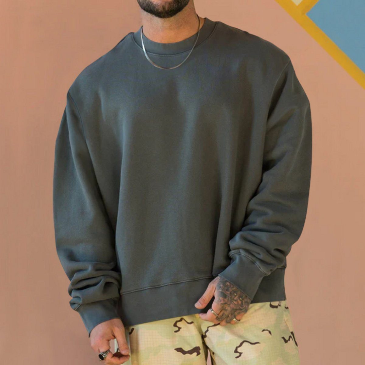 Uana Langarmshirt Lockeres, einfarbiges Herren-Sweatshirt mit Rundhalsausschnitt(grau) (1-tlg)