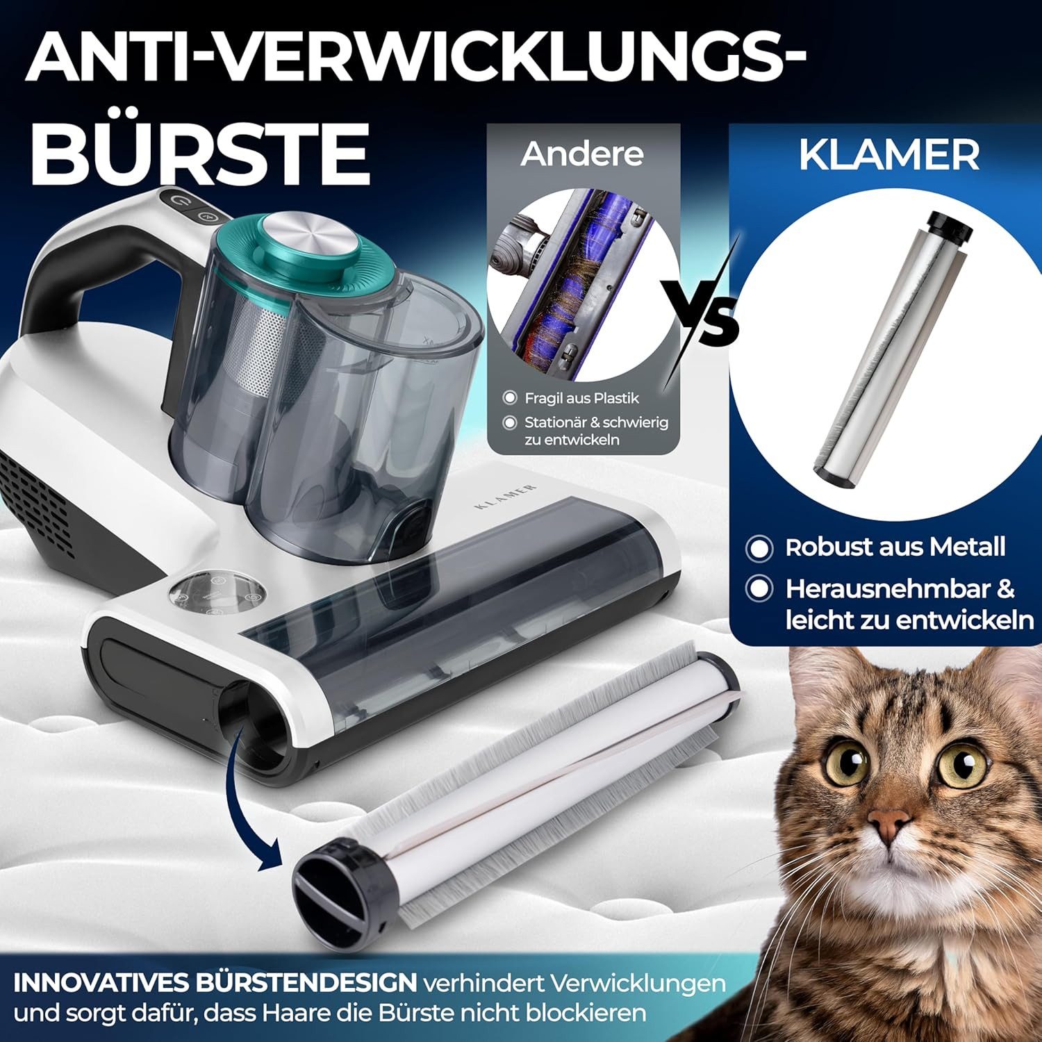 KLAMER Matratzenreinigungsgerät Milbenstaubsauger mit UV-Licht, Leistungsstarker 18kPa & 450W Milbens…, 450 W, Zyklon Filter, UV-Technologie, Schlagmodus, Ionisierungsfunktion, wechselbarer HEPA