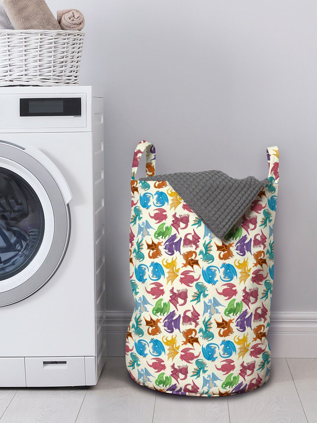 Abakuhaus Wäschesäckchen Wäschekorb mit Waschsalons, Kinder-Muster Kordelzugverschluss Drachen Farbige Griffen für