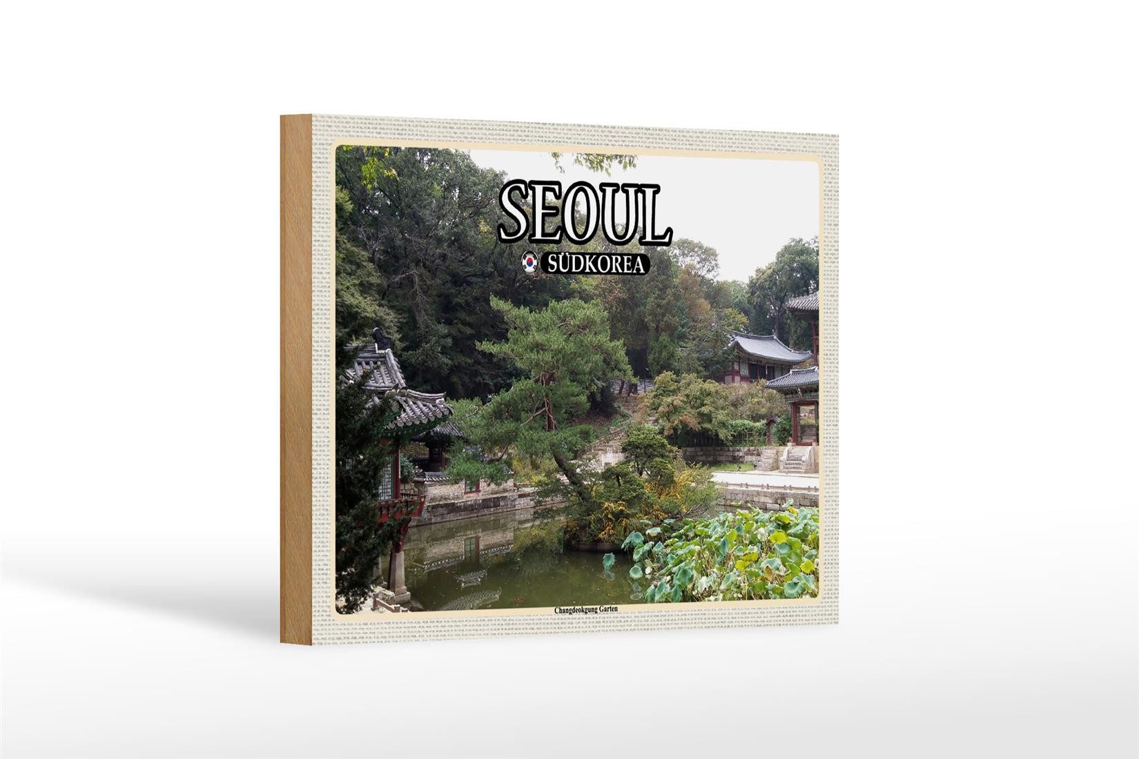 Femer GmbH Holzbild Reise 18x12 cm Seoul Südkorea Changdeokgung Garten, (1 St), Glatte Holzfaserplatte (MDF), vorn beschichtet