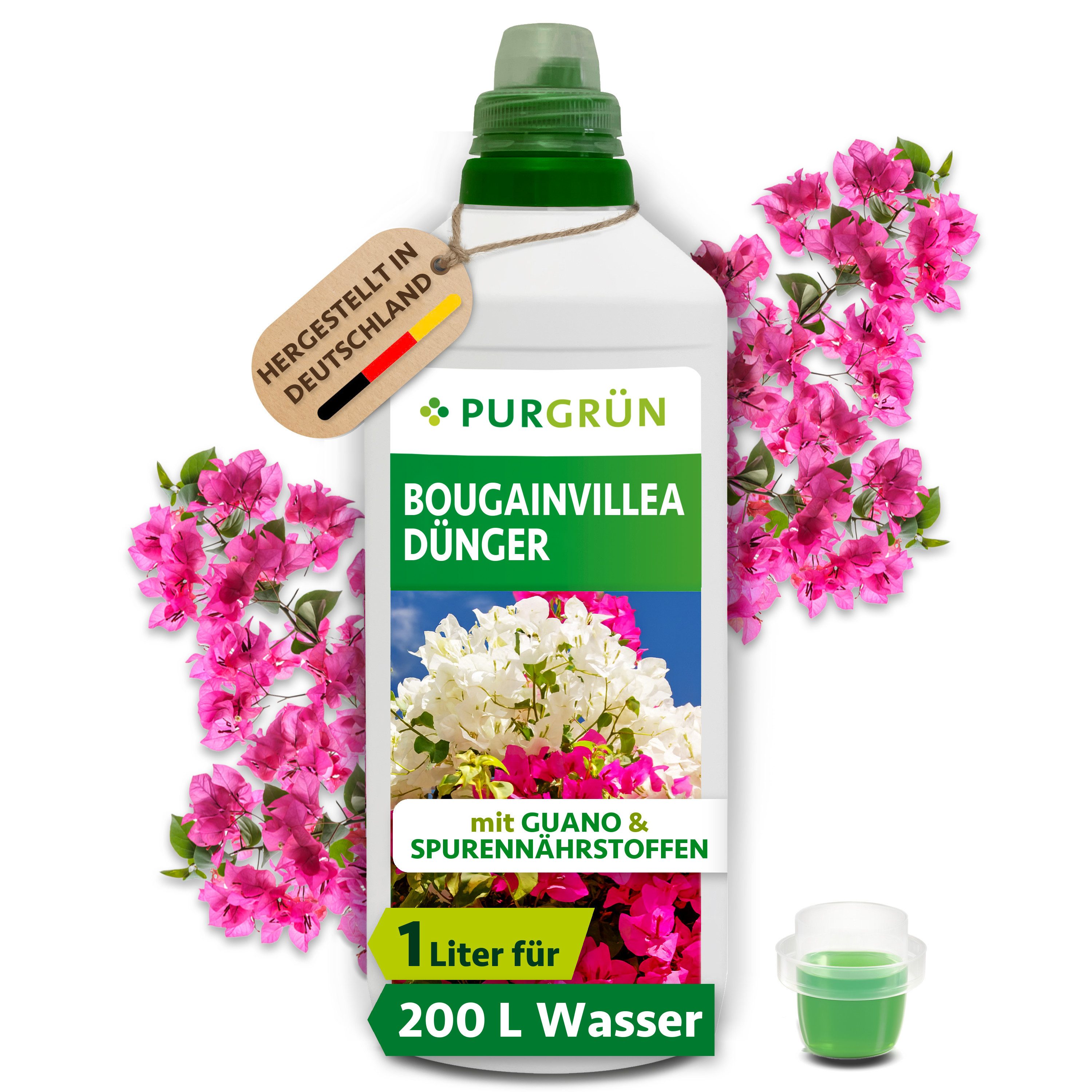 Purgrün Blumendünger Bougainvillea Dünger, NPK 5+7+8, Guano & Spurennährstoffe, 1L, Flüssigdünger, 1-St., 1 Liter