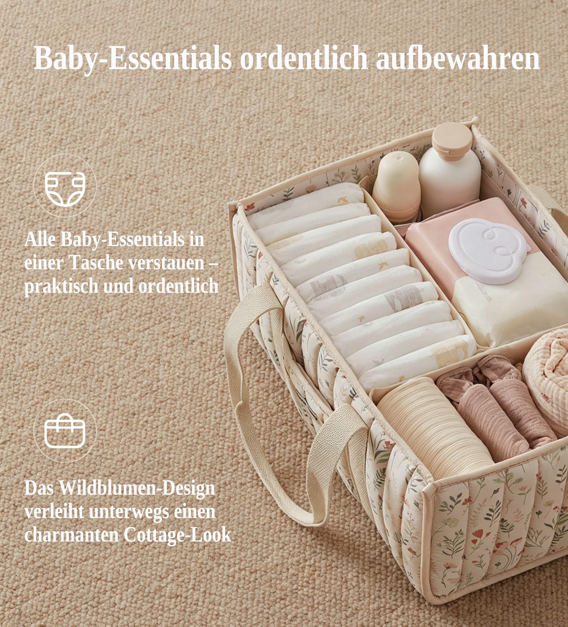nsihing Aufbewahrungskorb Windel-Aufbewahrungskorb, Modische Wickeltasche, Windeltasche mit Blumenmuster, multifunktionaler Aufbewahrungskorb – Bild 2 von 5