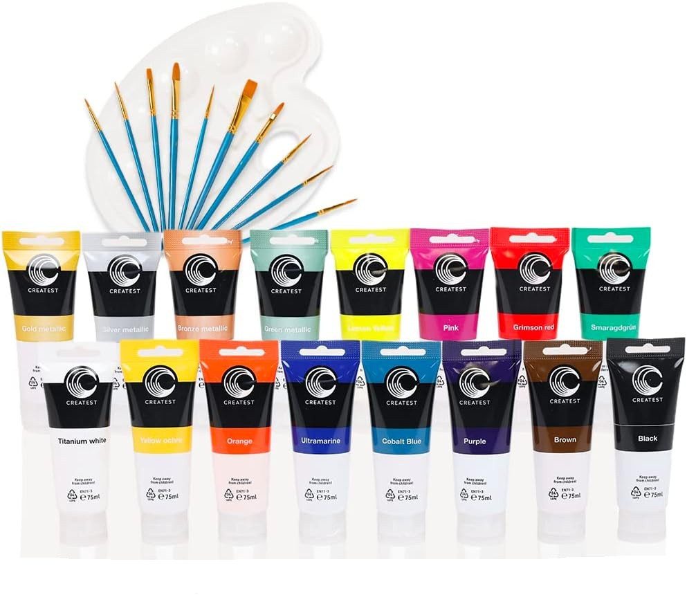 CREATEST Bastelfarbe Acrylfarben-Set 16x75 ml inkl. Pinsel & Mischpalette wasserfest, Für Leinwand, Holz & mehr ideal als Künstlerbedarf und Geschenkidee