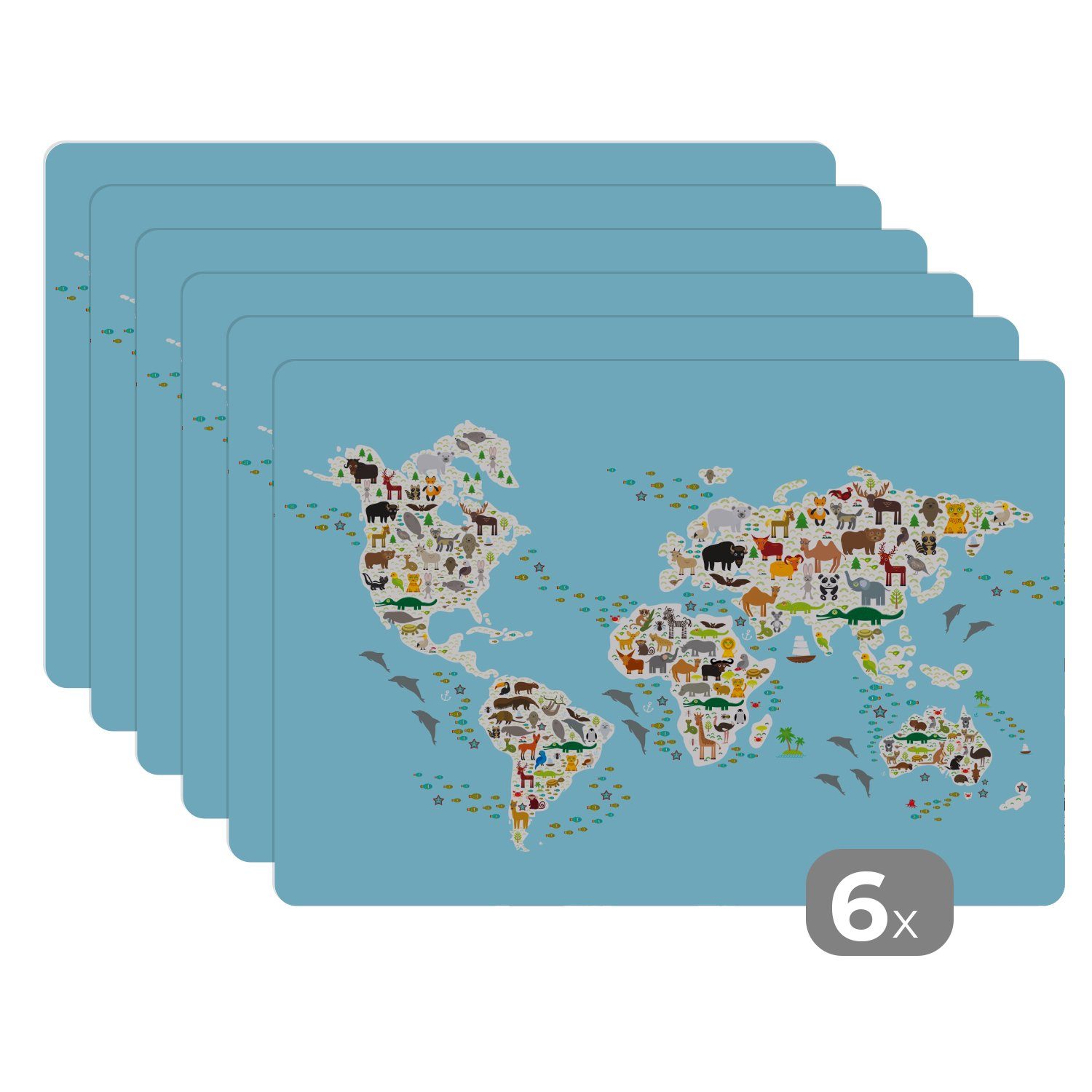 Platzset, Weltkarte Kinder - Tiere - Farben, MuchoWow, (6-St), Platzset, Platzdecken, Platzmatte, Tischmatten, Schmutzabweisend
