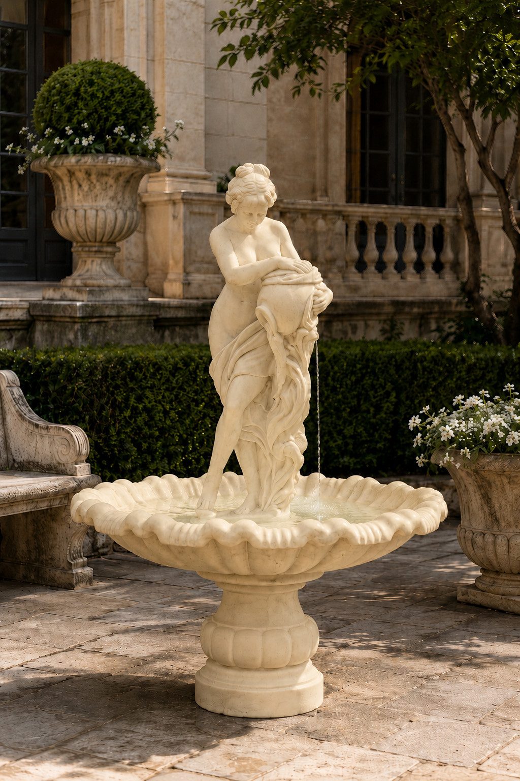 Xlmoebel Gartenbrunnen Frauenstatue Muschelform Creme Antik Stil Dekorativ Groß Sofort, 135 cm Breite, (Brunnen-Set, 1 tlg., Gartenbrunnen mit Dekorfigur, Wasserbecken, Sockel und Pumpe), Dekorativer Brunnen für Garten und Terrasse