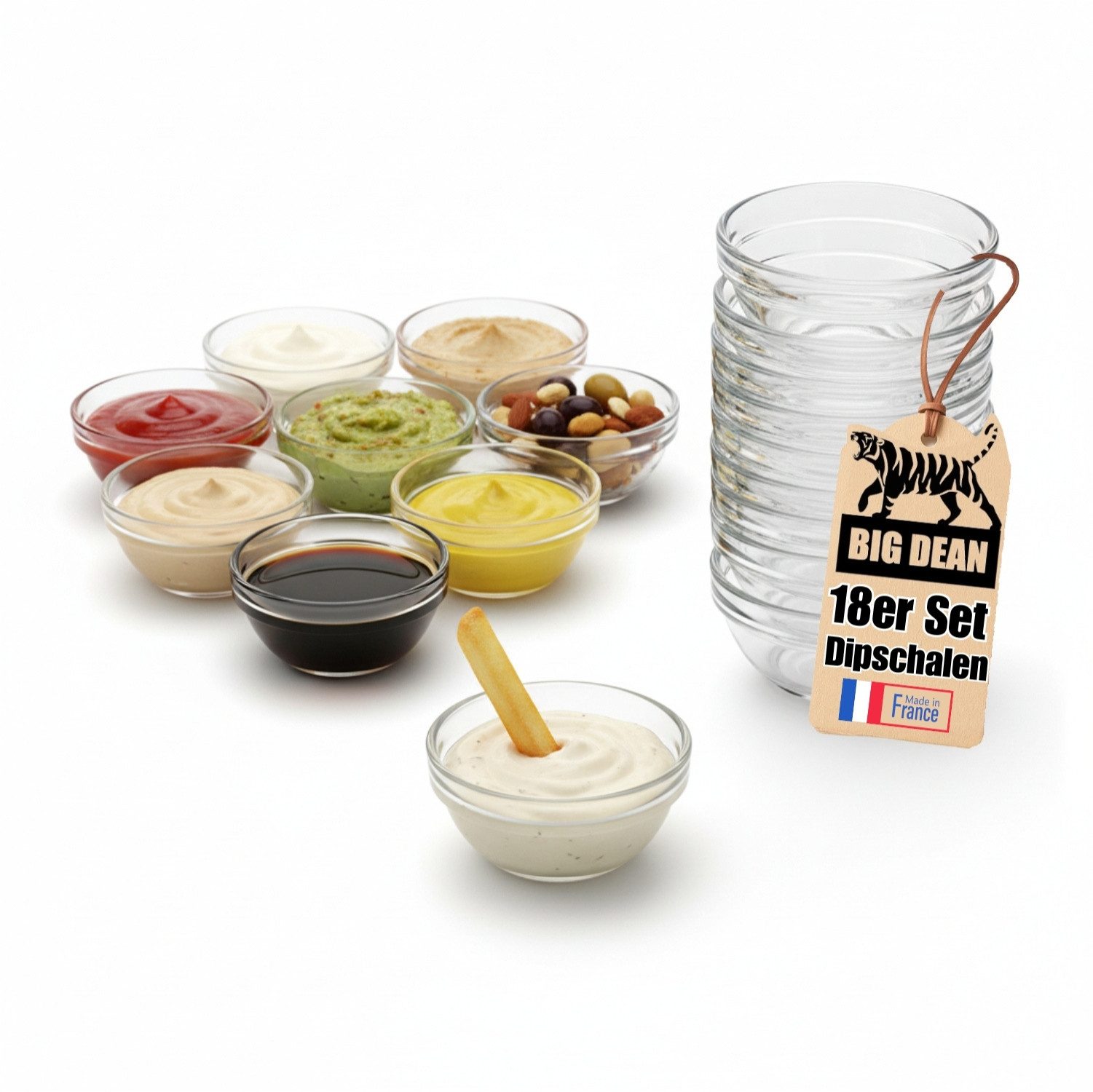 BigDean Dipschale stapelbar Made in France 6cm, Glas, (Set, 18-tlg), Hochwertiges, gehärtetes Glas, Stapelbar, Spülmaschinengeeignet