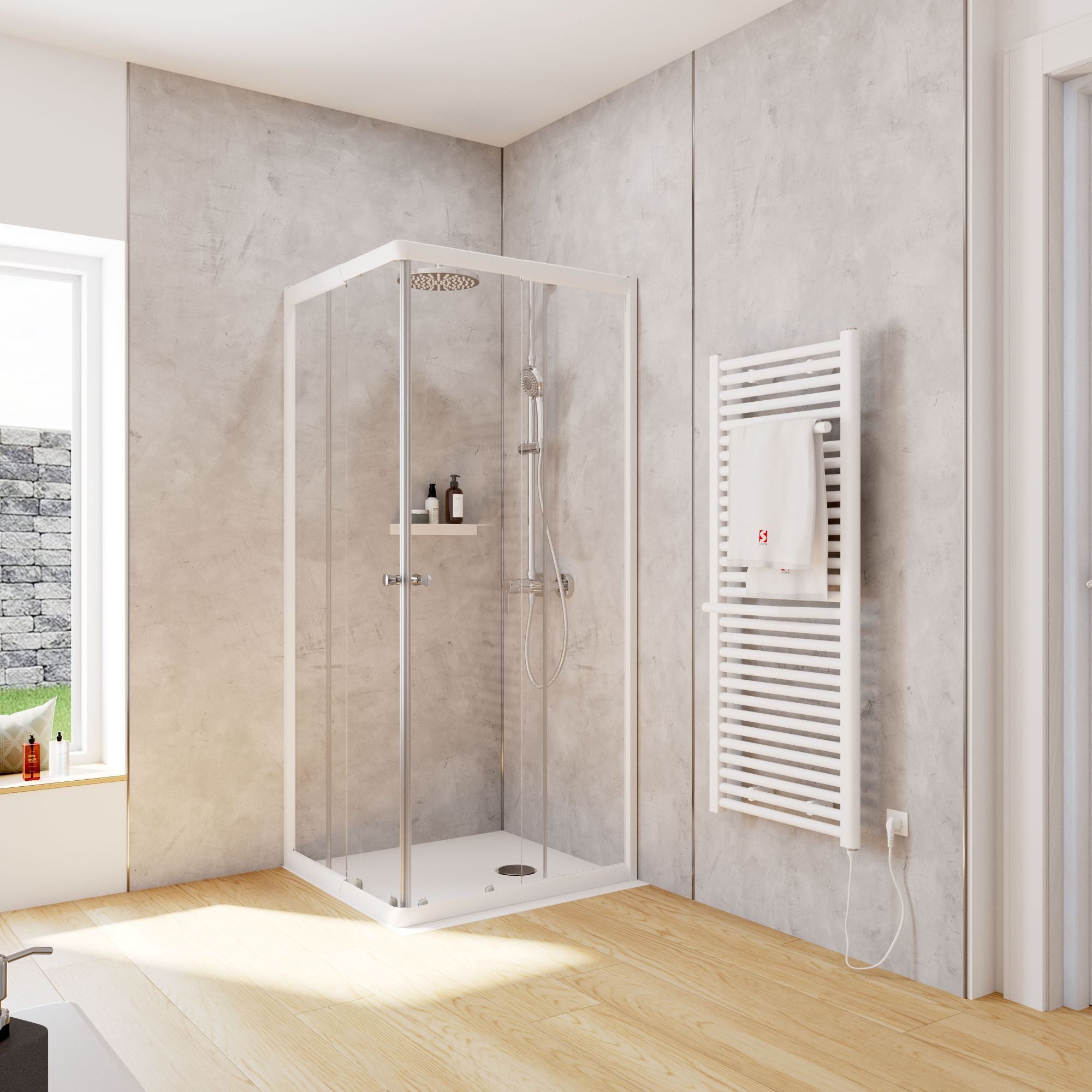 Schulte Eckdusche Corner, BxT: 75x80 cm, Sicherheitsglas, Eckeinstieg mit Schiebetüren, 180 cm hoch Klar Hell Profil Weiß